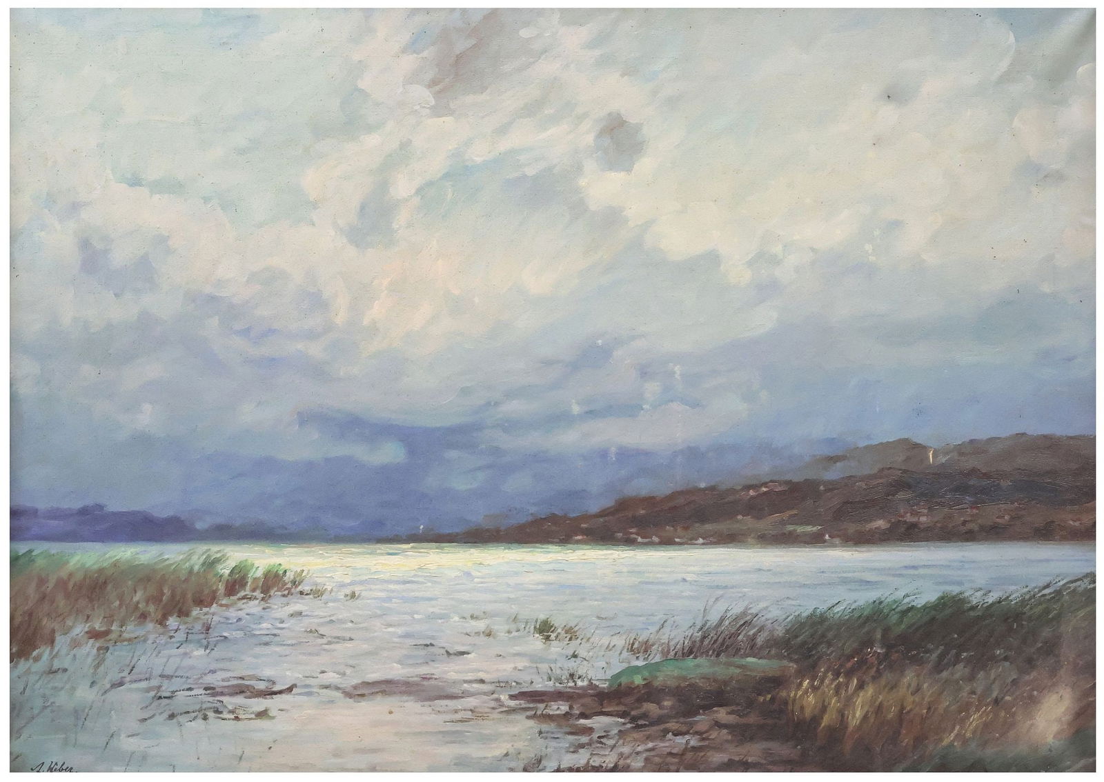 SIGNED WEBER LANDSCAPE PAINTING, SHORELINE AT DUSK, 35.5" X 26" (1 of 4)