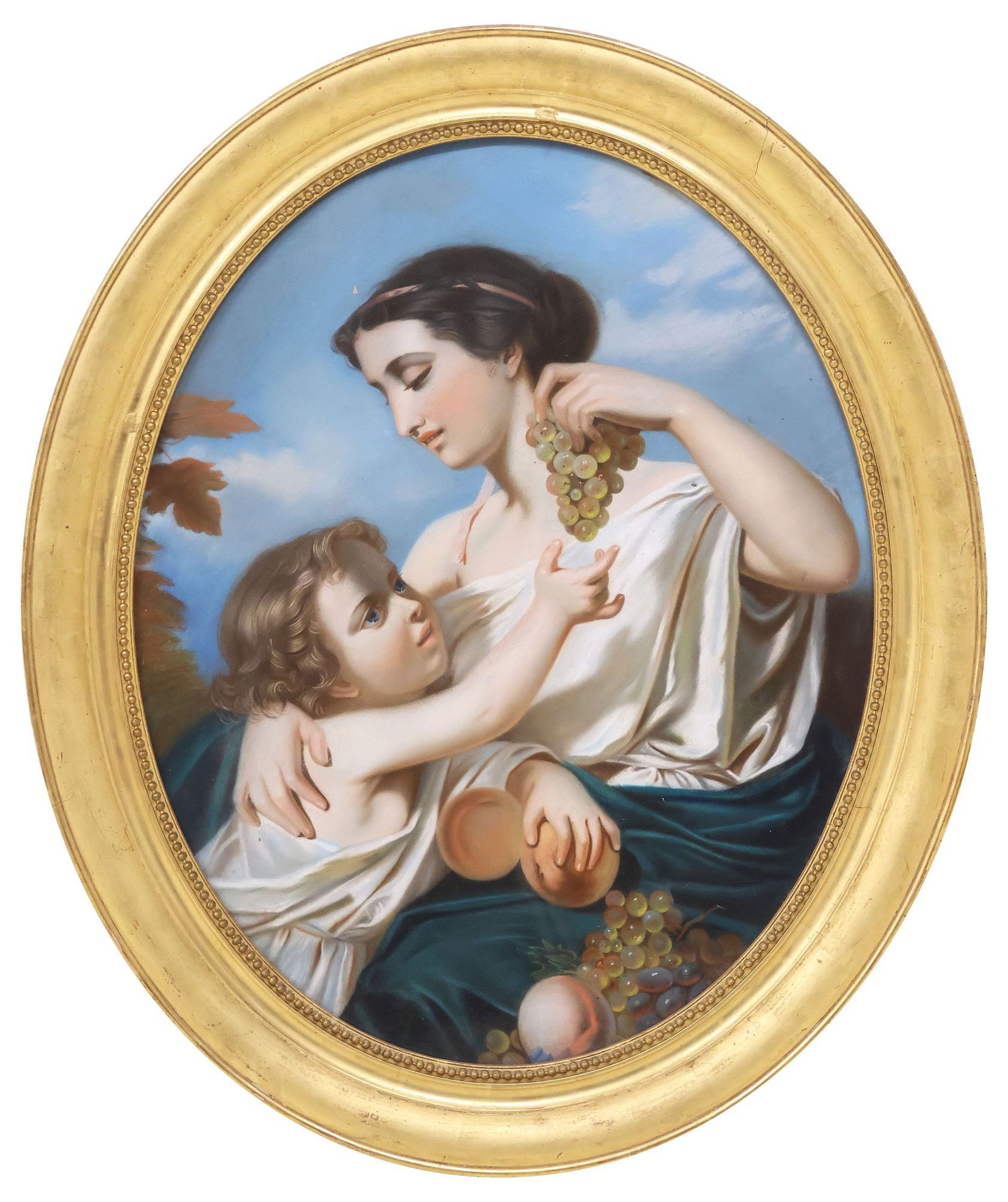 FRENCH SCHOOL OIL PASTEL, MOTHER & CHILD WITH GRAPES, DATED 1865 (1 of 3)
