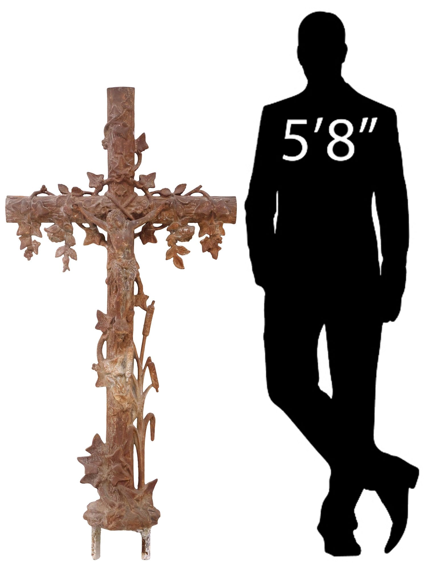 FRENCH CAST IRON FAUX BOIS & CRUCIFIX CROSS, 19TH C.: French cast iron crucifix cross, 19th c., faux bois form, central figure of Corpus Christi, surmounted by scrolling grape vines, approx 52"h, 25"w, 3.5"d **PLEASE NOTE: All of the cast