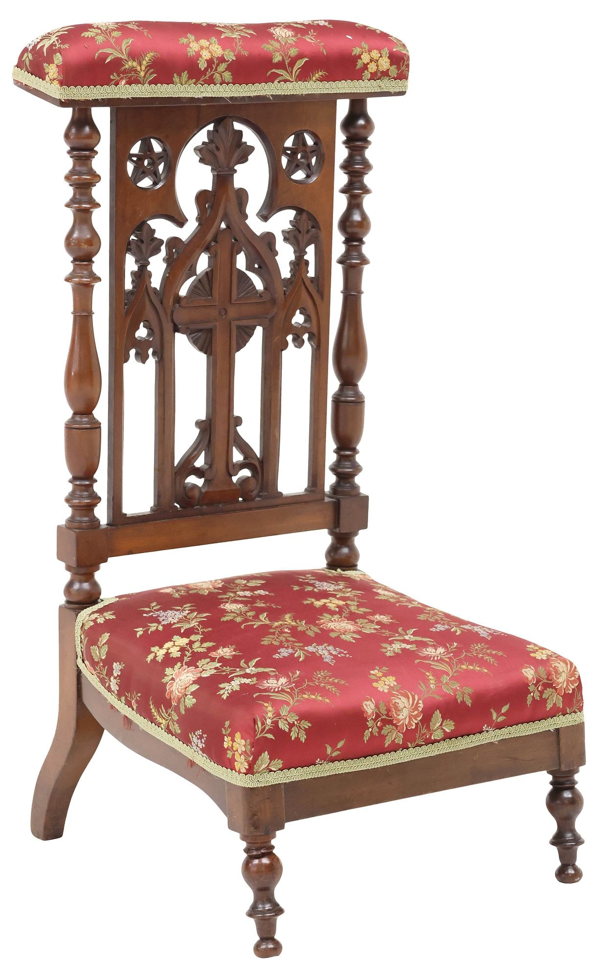 FRENCH CARVED MAHOGANY SILK-UPHOLSTERED PRIE-DIEU PRAYER KNEELER (1 of 3)