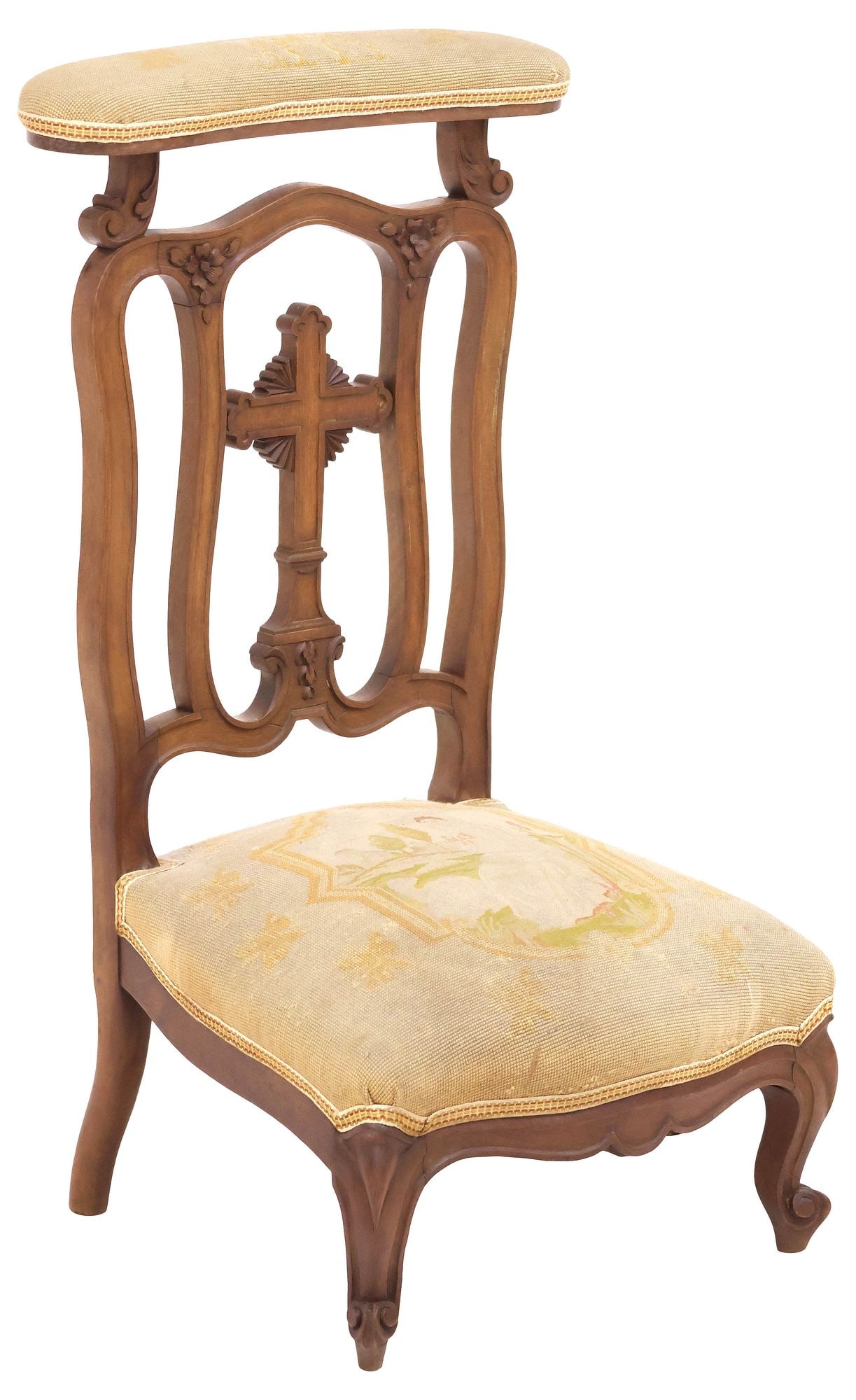 FRENCH NEEDLEPOINT & CARVED WALNUT PRIE DIEU PRAYER KNEELER (1 of 4)