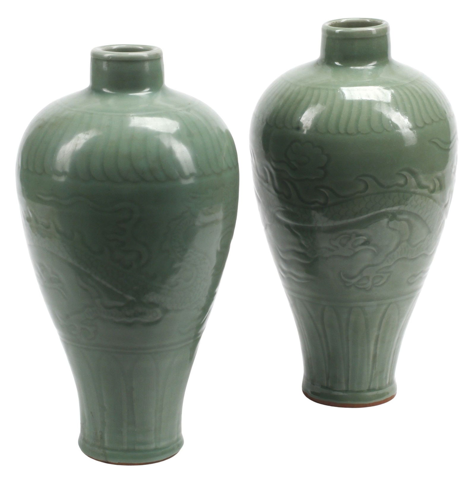 (2) CHINESE CELADON GLAZED PORCELAIN DRAGON MOTIF VASES (1 of 5)
