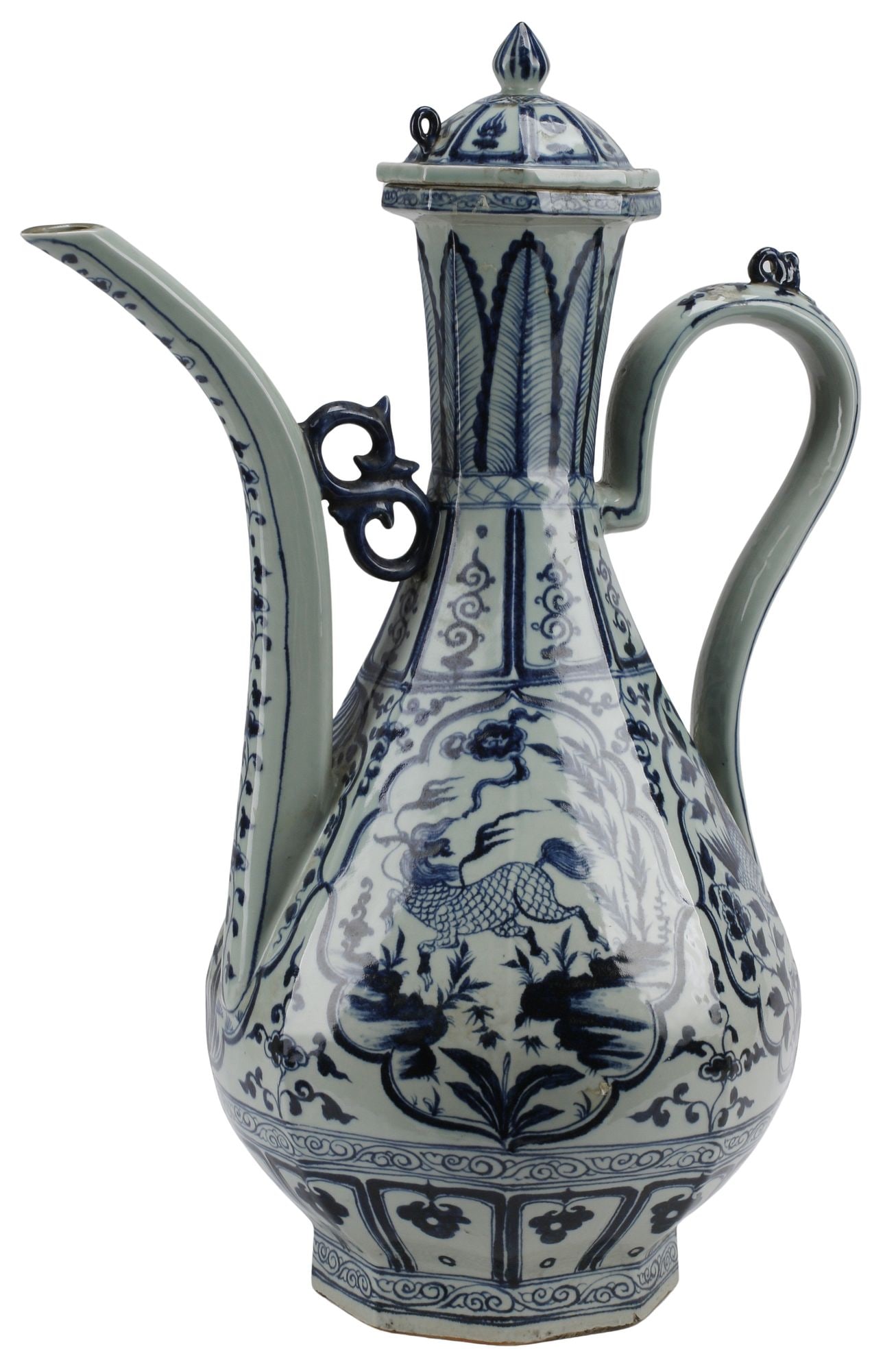 LARGE CHINESE BLUE & WHITE PORCELAIN WATER EWER & COVER, 32"H: Large Chinese blue and white porcelain water ewer, having domed and faceted cover with pointed finial, the body decorated with reserves of mythical beasts amongst auspicious clouds, framed by scrollin