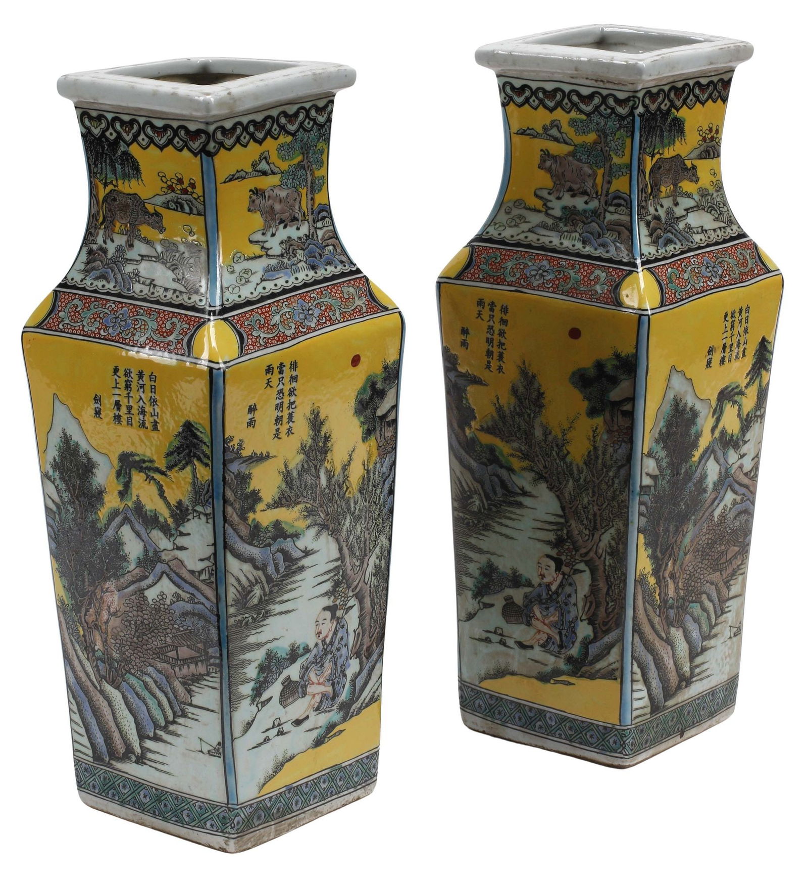 (2) CHINESE FAMILLE JAUNE PORCELAIN SQUARE VASES (1 of 4)