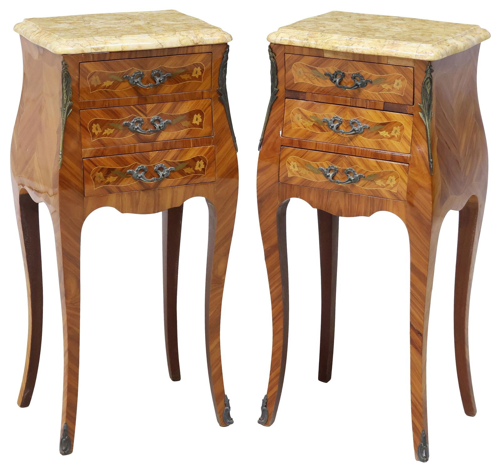 (2) FRENCH LOUIS XV STYLE MARBLE-TOP MATCHED VENEER NIGHTSTANDS (1 of 5)