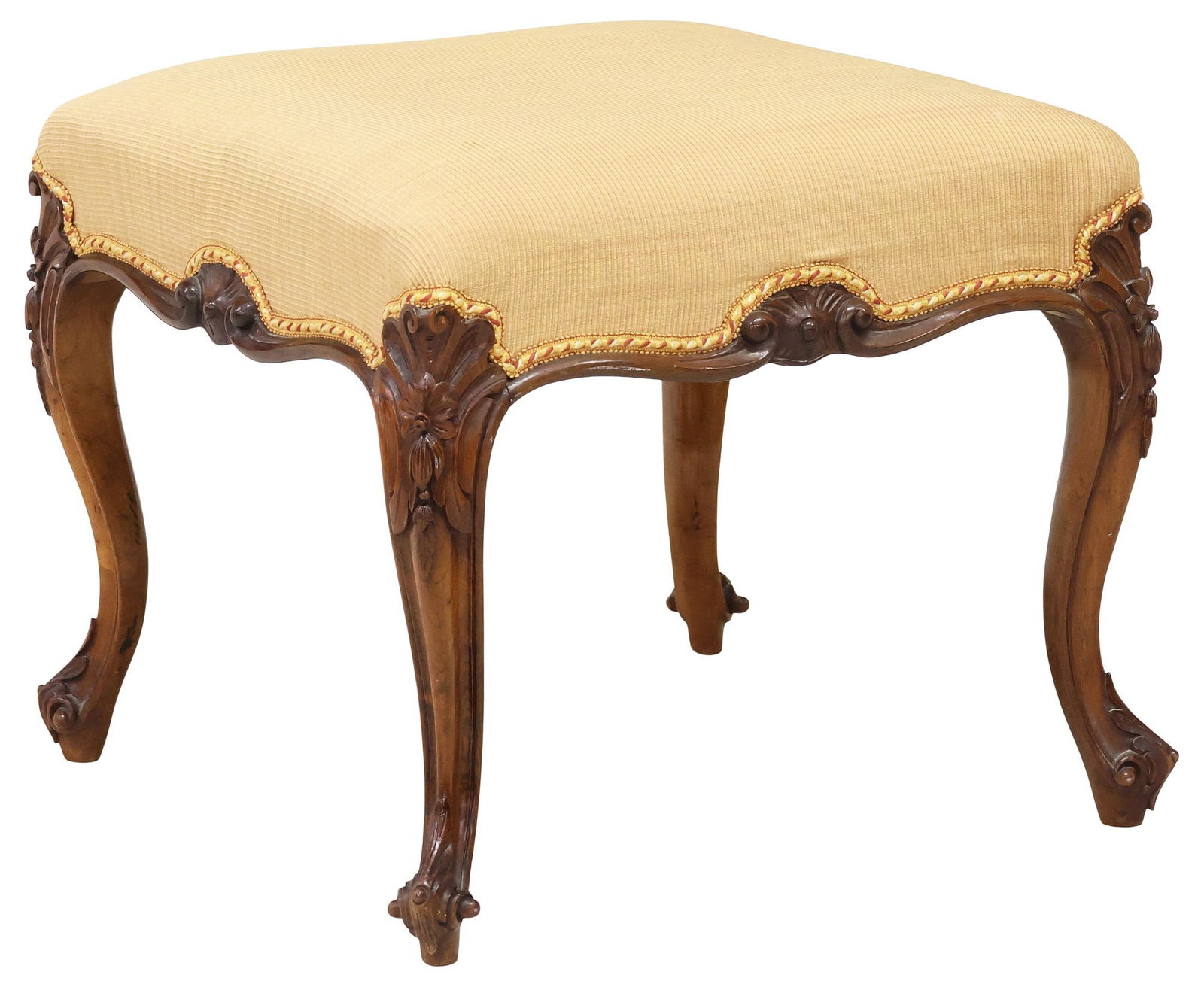 FRENCH LOUIS XV STYLE UPHOLSTERED WALNUT OTTOMAN / FOOTSTOOL (1 of 4)