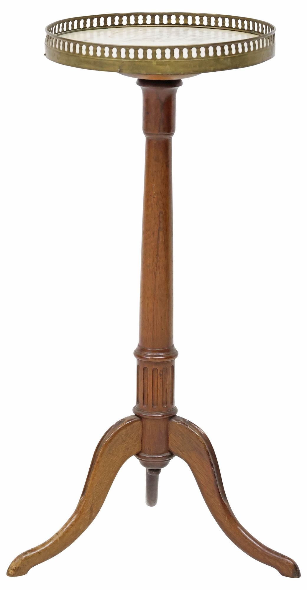 FRENCH LOUIS XVI STYLE MARBLE-TOP MAHOGANY PEDESTAL / SIDE TABLE: French Louis XVI style mahogany gueridon/ side table, late 19th c., having inset marble top, over pierced gilt-metal gallery, rising on columnar standard, ending on tripodal legs, approx 28.75"h,