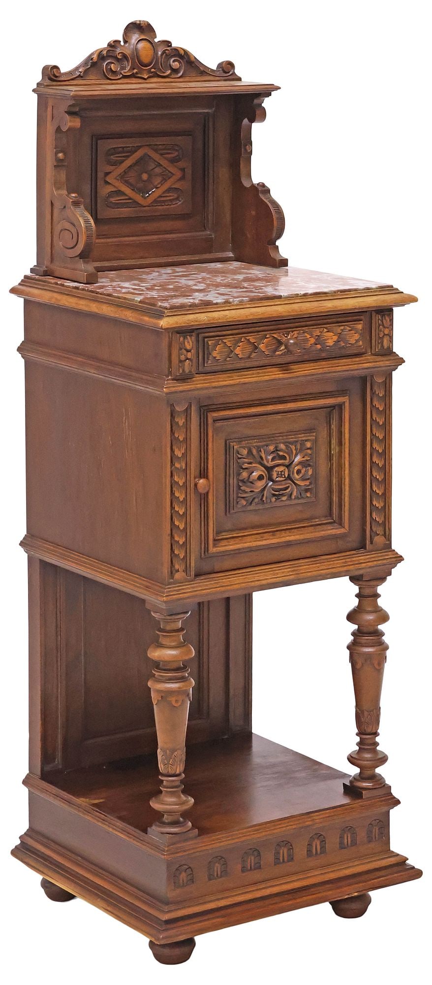 FRENCH HENRI II STYLE MARBLE-TOP CARVED OAK NIGHTSTAND (1 of 6)