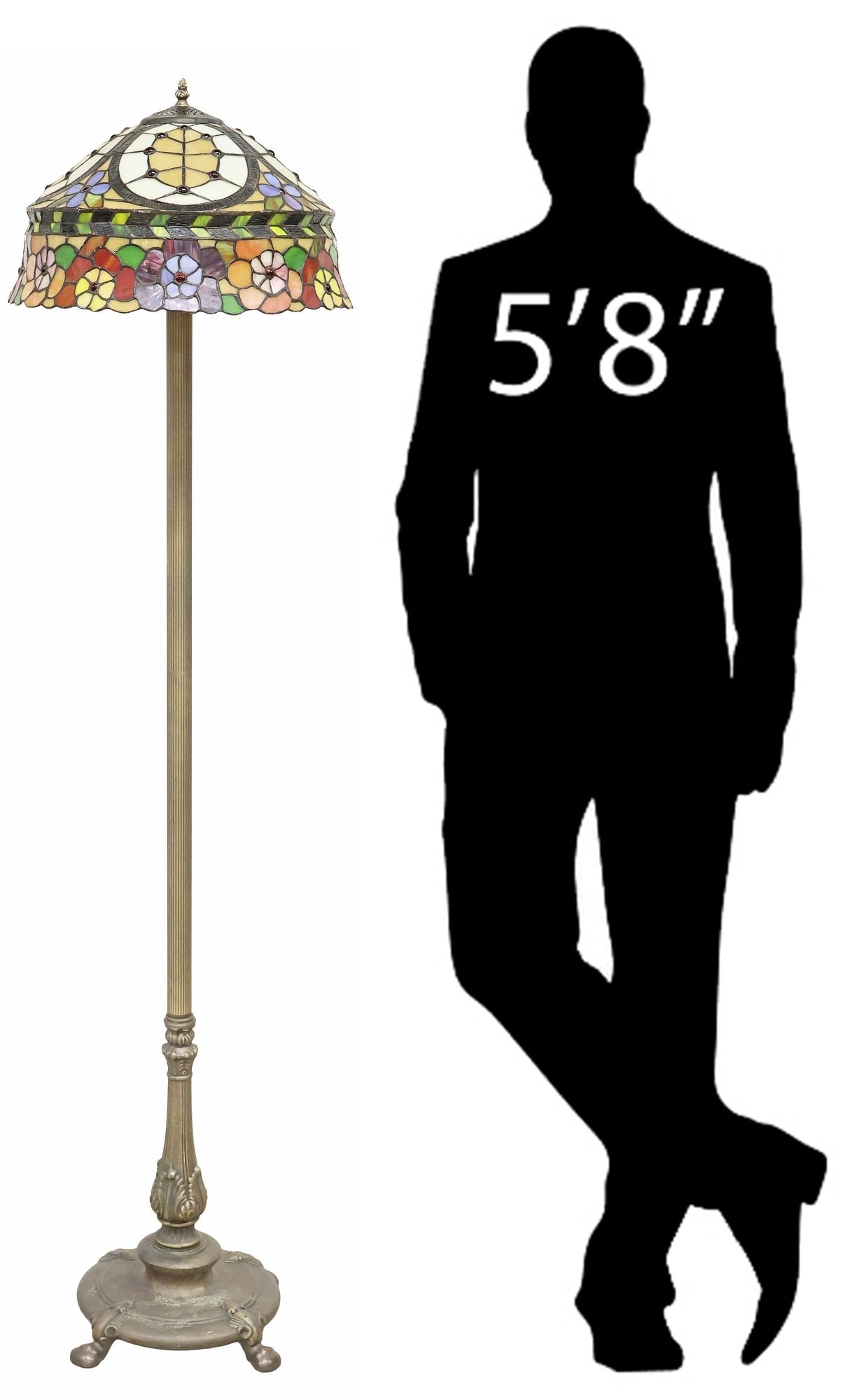 TIFFANY STYLE STAINED & LEADED GLASS 2-LIGHT FLOOR LAMP: Tiffany style two-light metal floor lamp, 20th c., having later added stained and leaded glass shade, depicting flowers and geometric motifs, rising on fluted central standard, in a brushed nickel fin