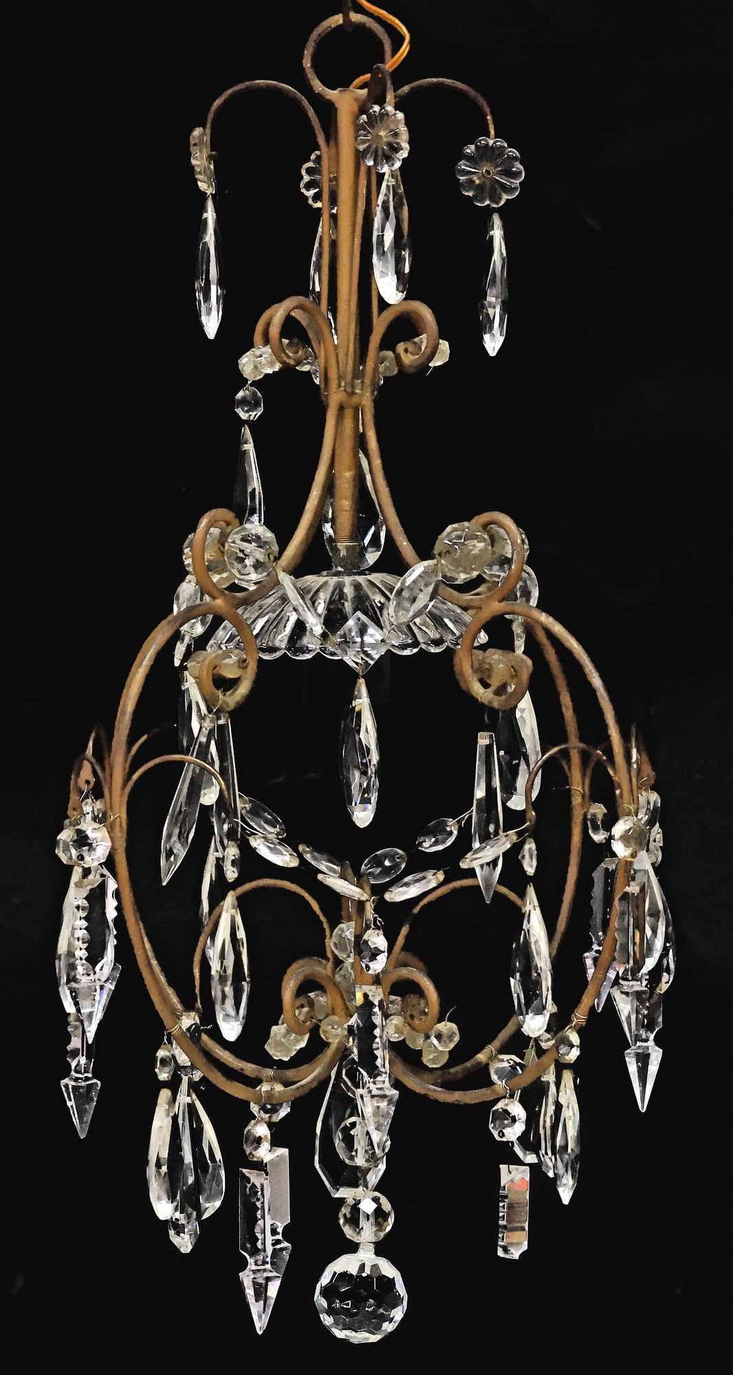 ITALIAN PATINATED METAL & CRYSTAL SCROLLED 1-LIGHT CHANDELIER (1 of 3)