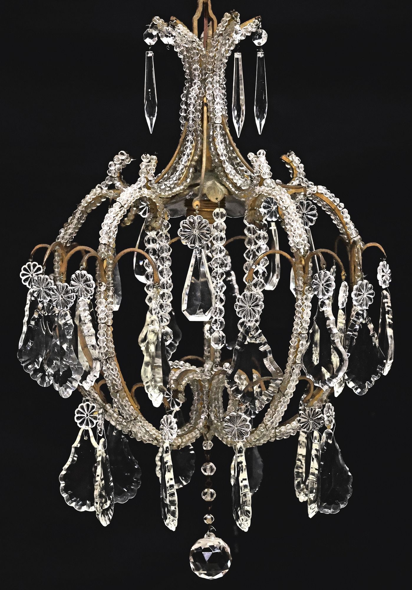 ITALIAN PATINATED METAL & CRYSTAL SCROLLED 1-LIGHT CHANDELIER (1 of 3)