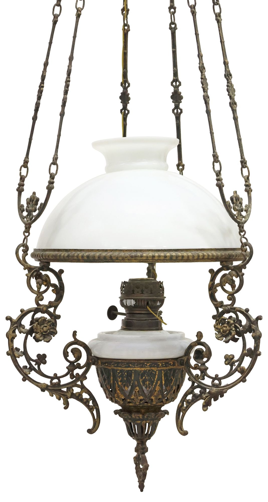 ITALIAN FORTI CHIESARA & CO PATINATED METAL & MILK GLASS HANGING LAMP (1 of 4)