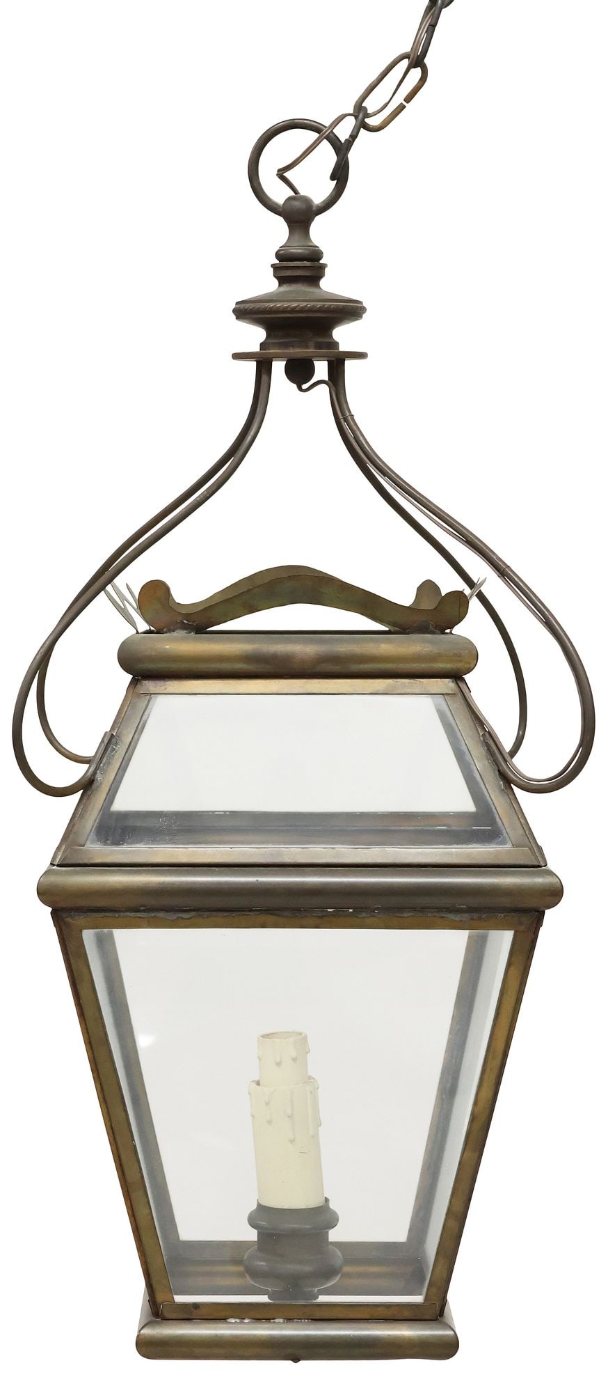 PATINATED BRASS & GLASS 1-LIGHT HANGING LANTERN (1 of 3)