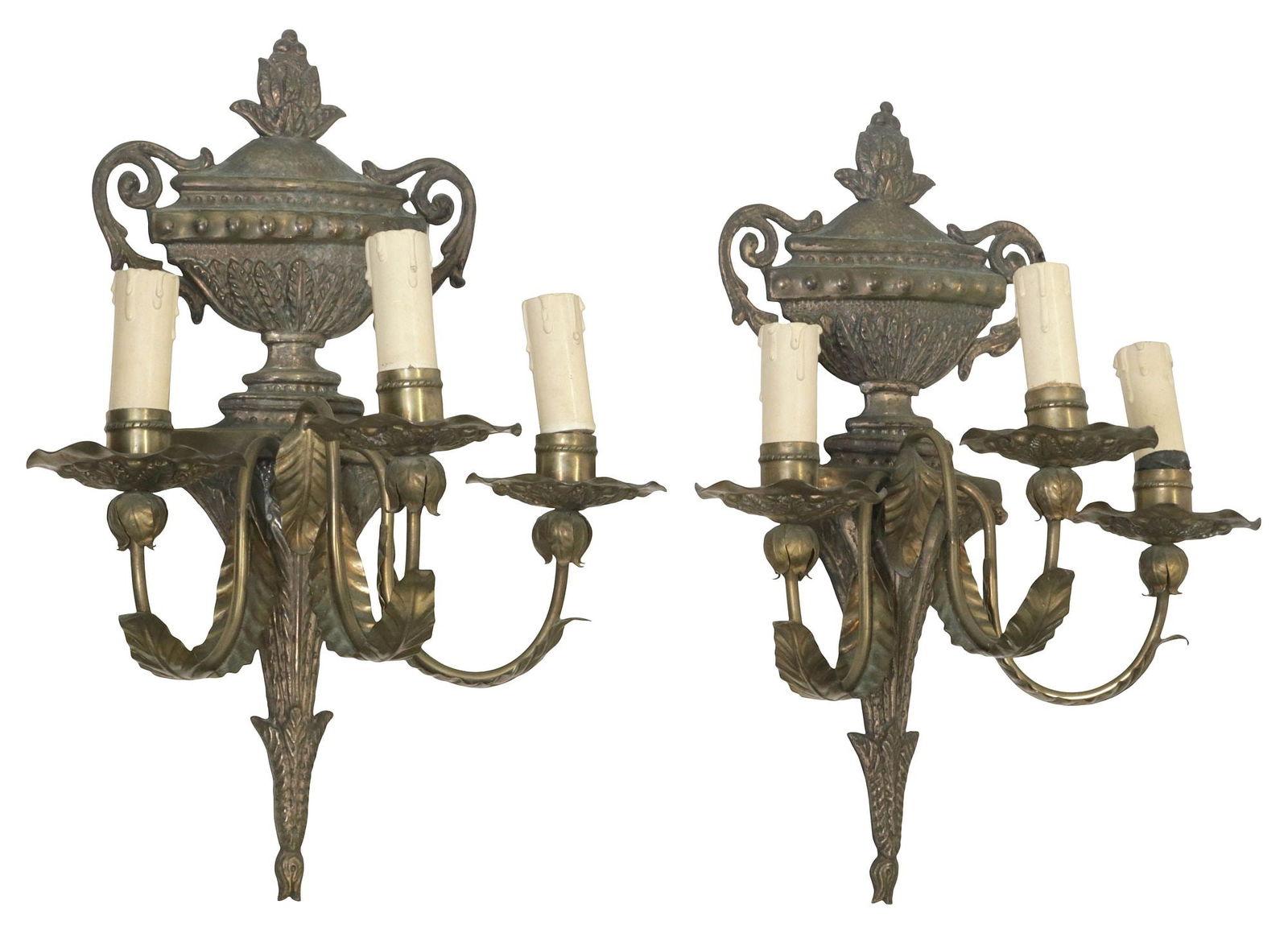 (2) ITALIAN LOUIS XVI STYLE PATINATED METAL 3-LIGHT WALL SCONCES (1 of 3)
