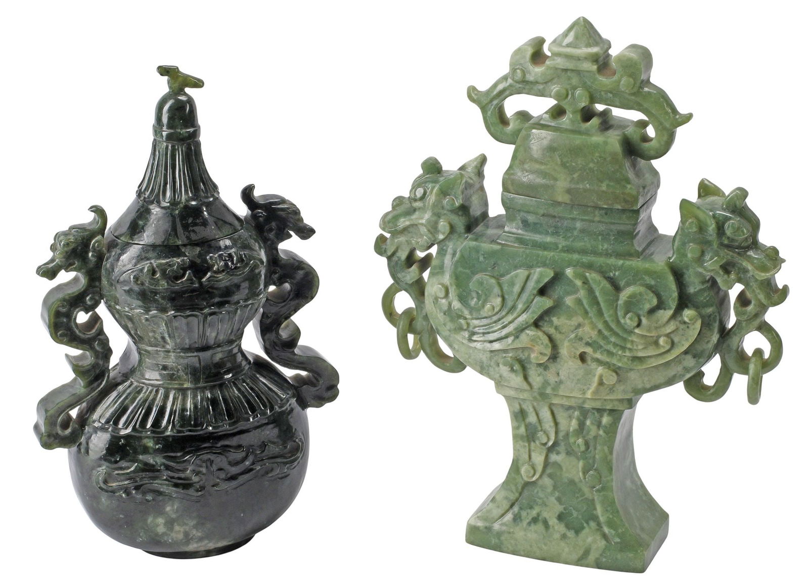 (2) CHINESE CARVED GREEN HARDSTONE COVERED CABINET VASES (1 of 4)