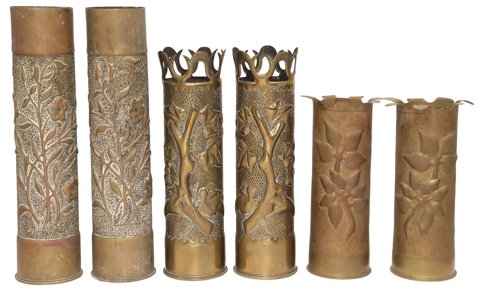 (6) FRENCH WWI-ERA TRENCH ART ARTILLERY SHELL VASES: (lot of 6) French WWI-era trench art vases, fashioned from artillery shells, including: (pair) with textured ground and repousse foliate motif, (pair) with pierced rim over dotted ground, repousse