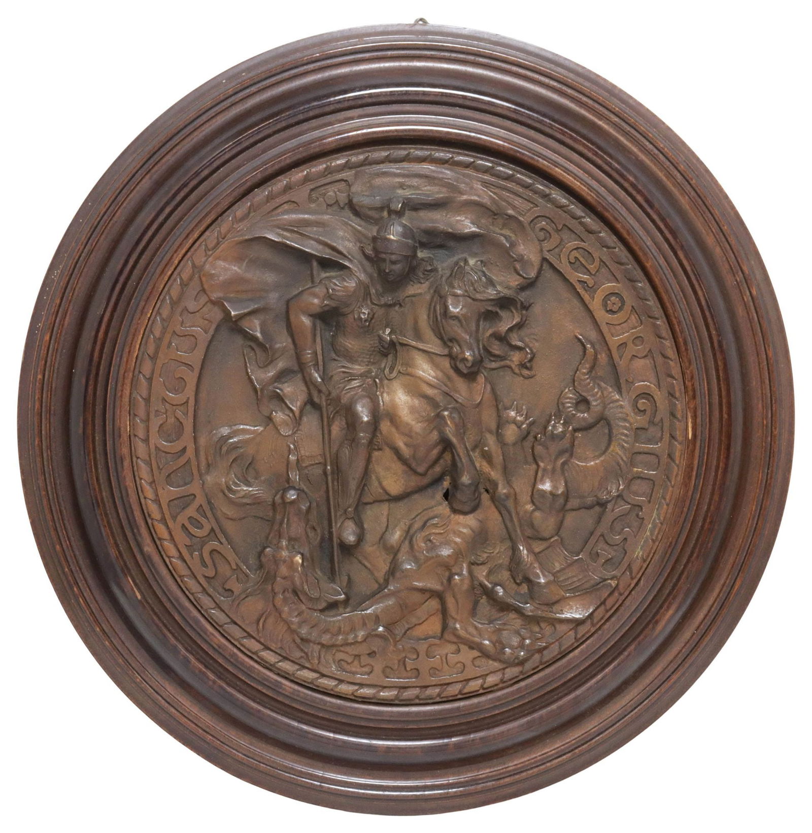FRAMED PATINATED BRONZE RELIEF PLAQUE, ST. GEORGE & THE DRAGON (1 of 3)