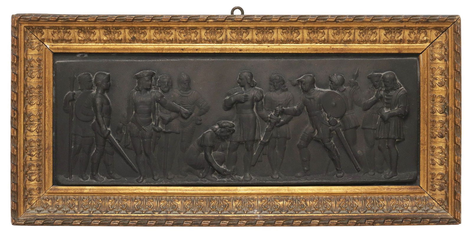 FRAMED CONTINENTAL PATINATED METAL RELIEF PLAQUE, MEDIEVAL SOLDIERS: Framed Continental School patinated metal relief plaque, 20th c., depicting a group of medieval soldiers or crusaders, with central figure kneeling before a nobleman, plaque: approx 4.5"h, 11.5"w,