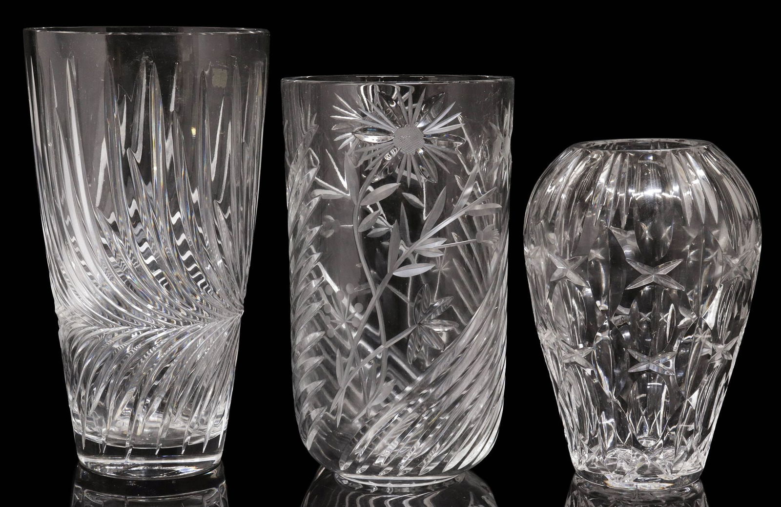 (3) COLORLESS CUT CRYSTAL VASES, 1 LAUSITZER (1 of 3)