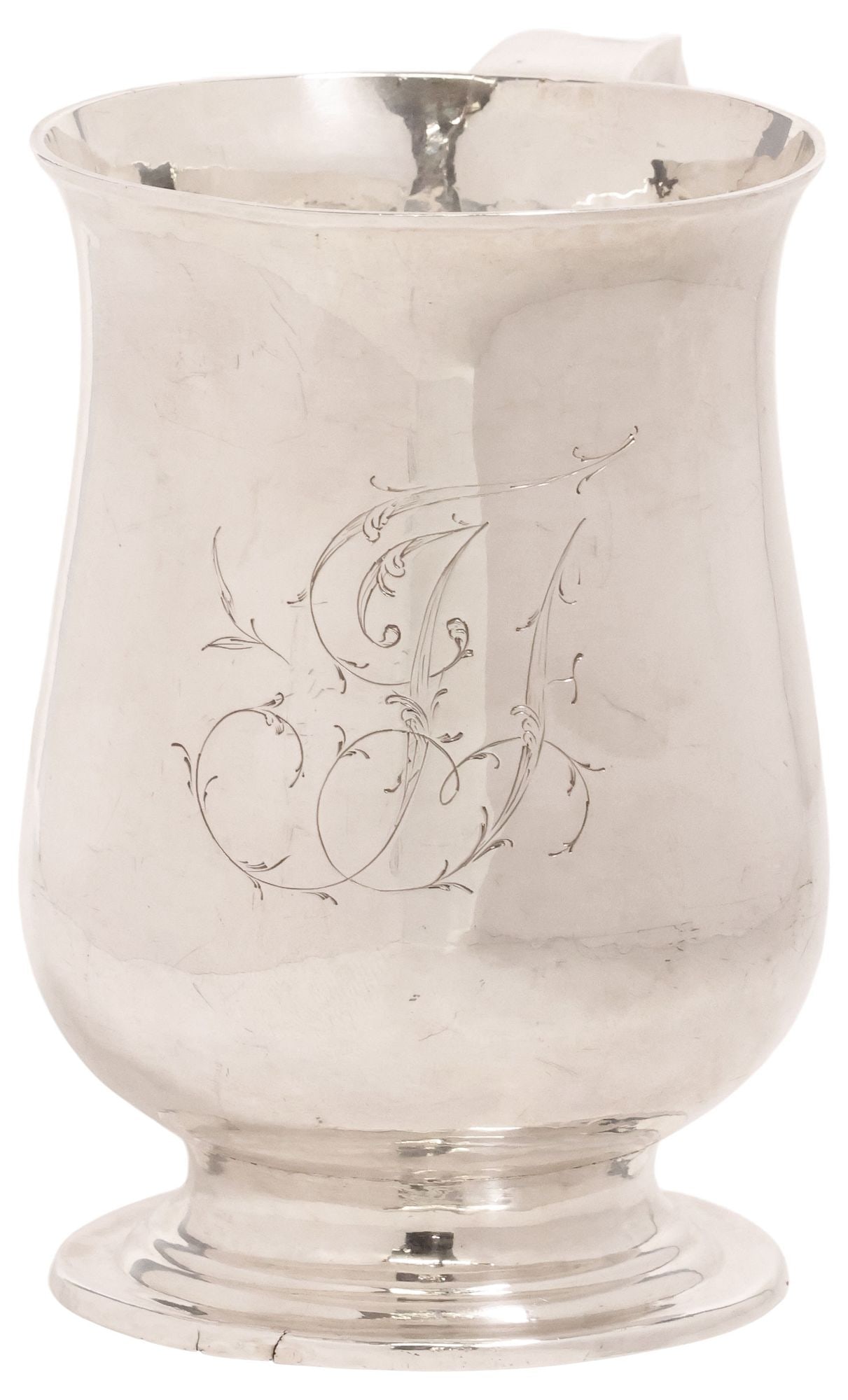 ENGLISH GEORGE III WILLIAM SUTTON STERLING SILVER WHISTLING MUG: English George III sterling silver whistling mug, likely William Sutton, c.1784, having arched handle with heart-form mouthpiece terminal, double monogram JF, London hallmarks and duty mark, restorati