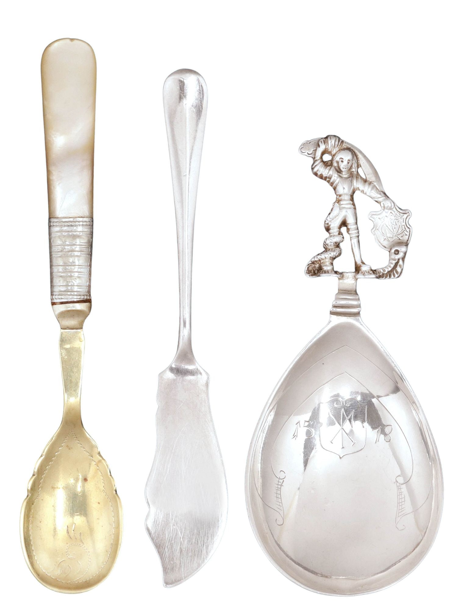 (3) ENGLISH STERLING TEA CADDY SPOON & BUTTER KNIFE, SILVERPLATE SPOON (1 of 6)