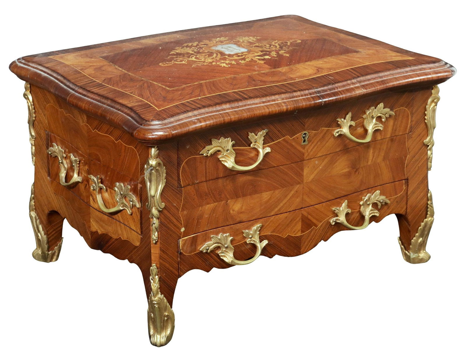 FRENCH LOUIS XV STYLE MARQUETRY INLAID MINIATURE COMMODE (1 of 6)