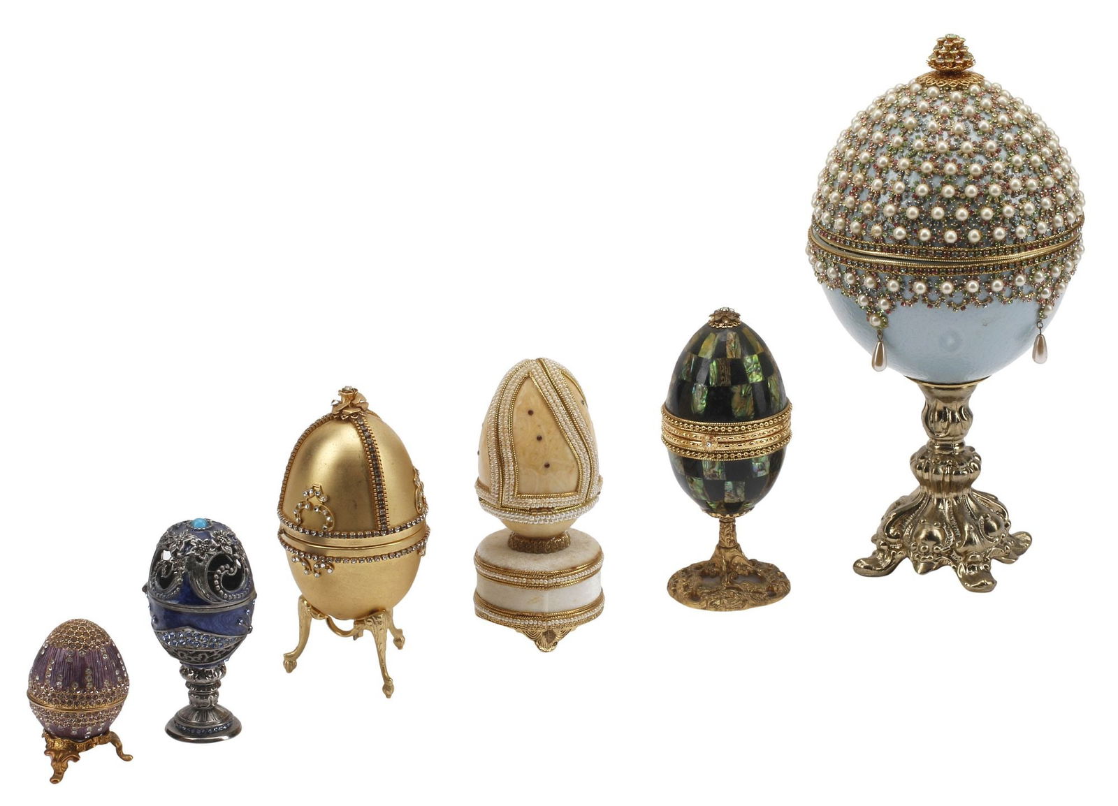 (6) FABERGE STYLE JEWELED & ENAMELED EGG-FORM BOXES, 4 MUSIC BOXES (1 of 5)