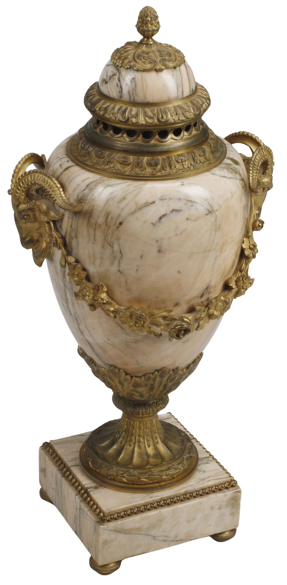 FRENCH ORMOLU-MOUNTED MARBLE RAM'S HEAD URN / CASSOLETTE, 19TH C. (1 of 5)