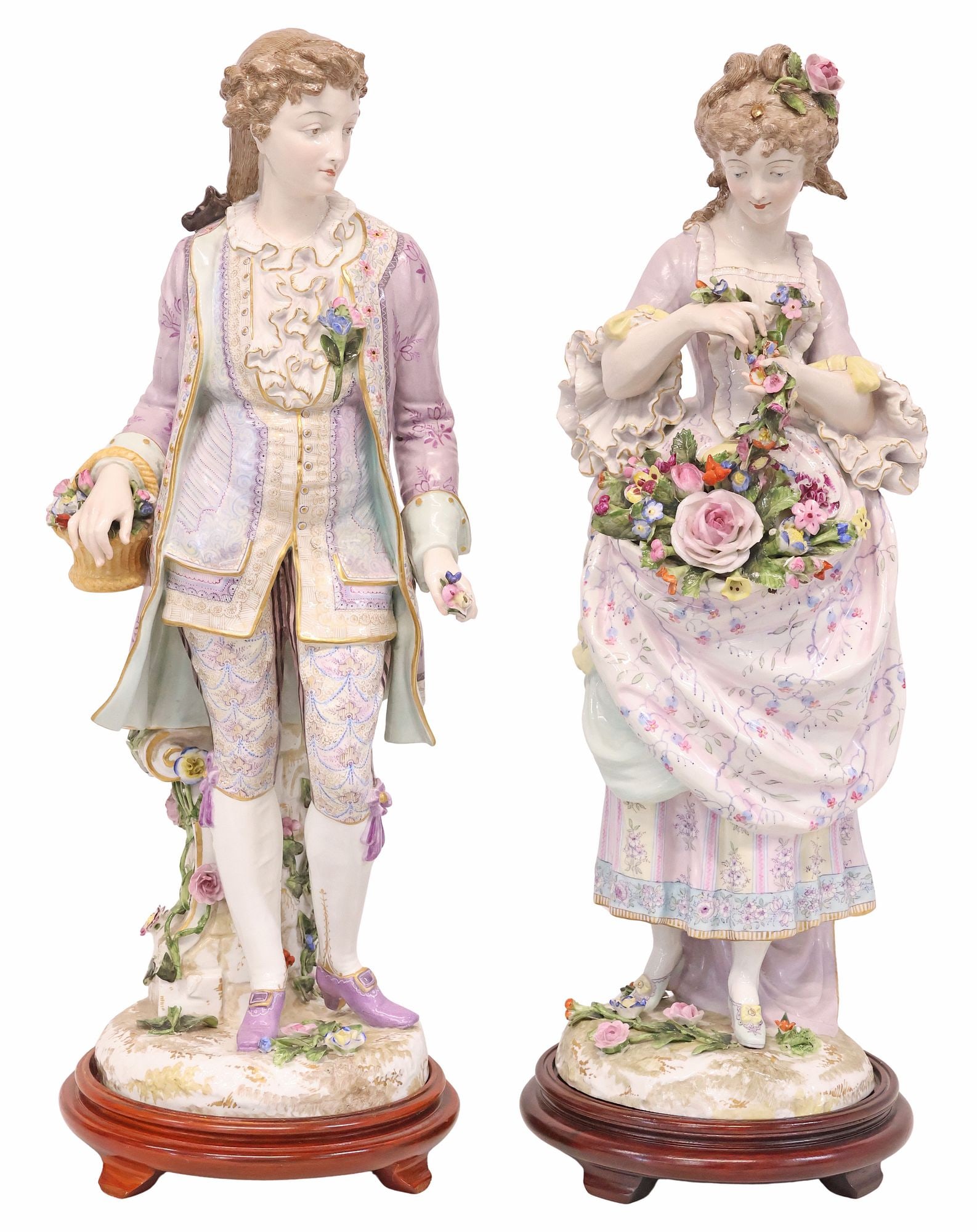 (2) LARGE MEISSEN STYLE PORCELAIN FIGURES, LADY & GALLANT WITH FLOWERS, 24"H, 22"H (1 of 11)