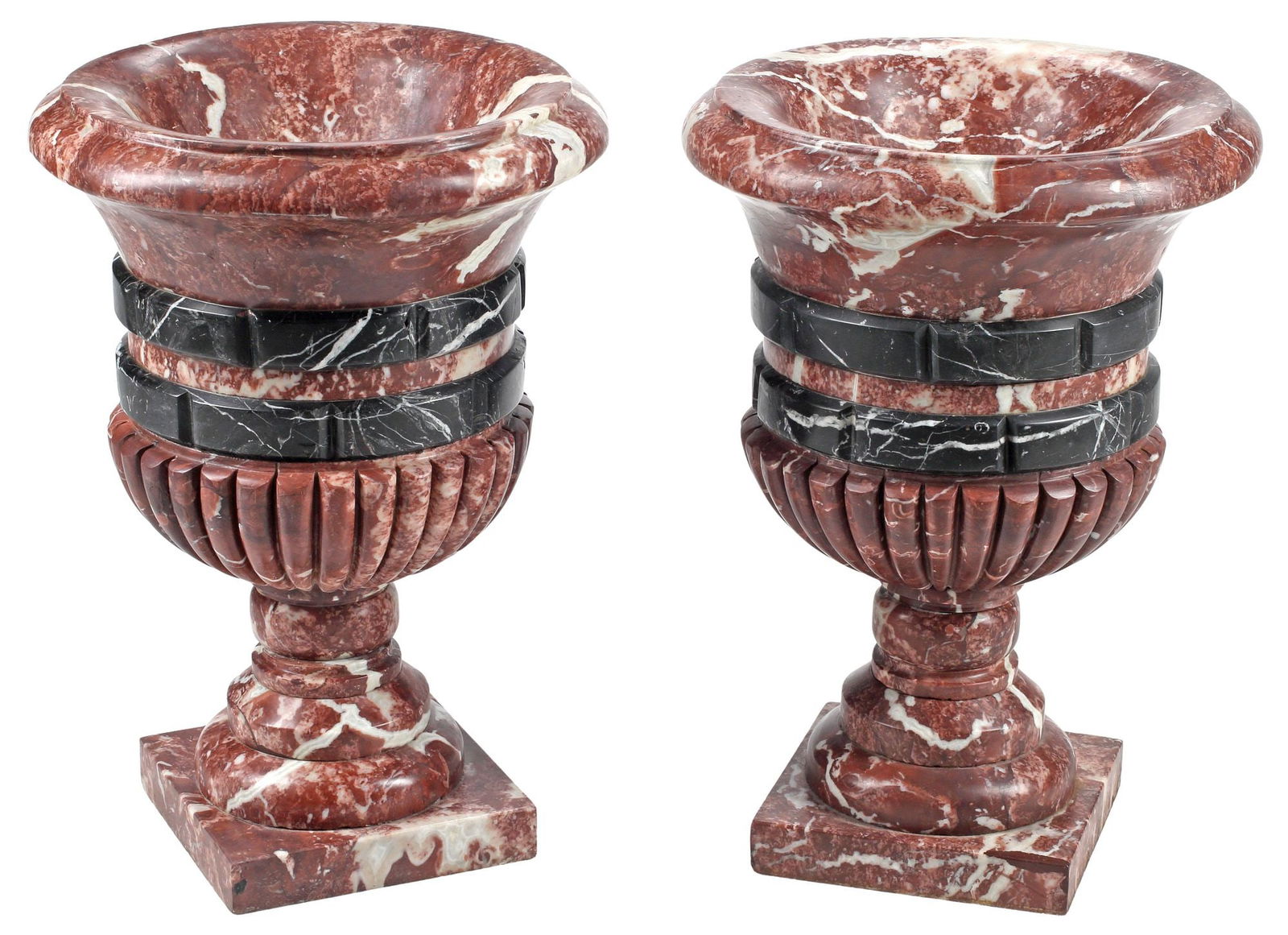 (2) NEOCLASSICAL STYLE RED & BLACK MARBLE CAMPANA VASES (1 of 5)