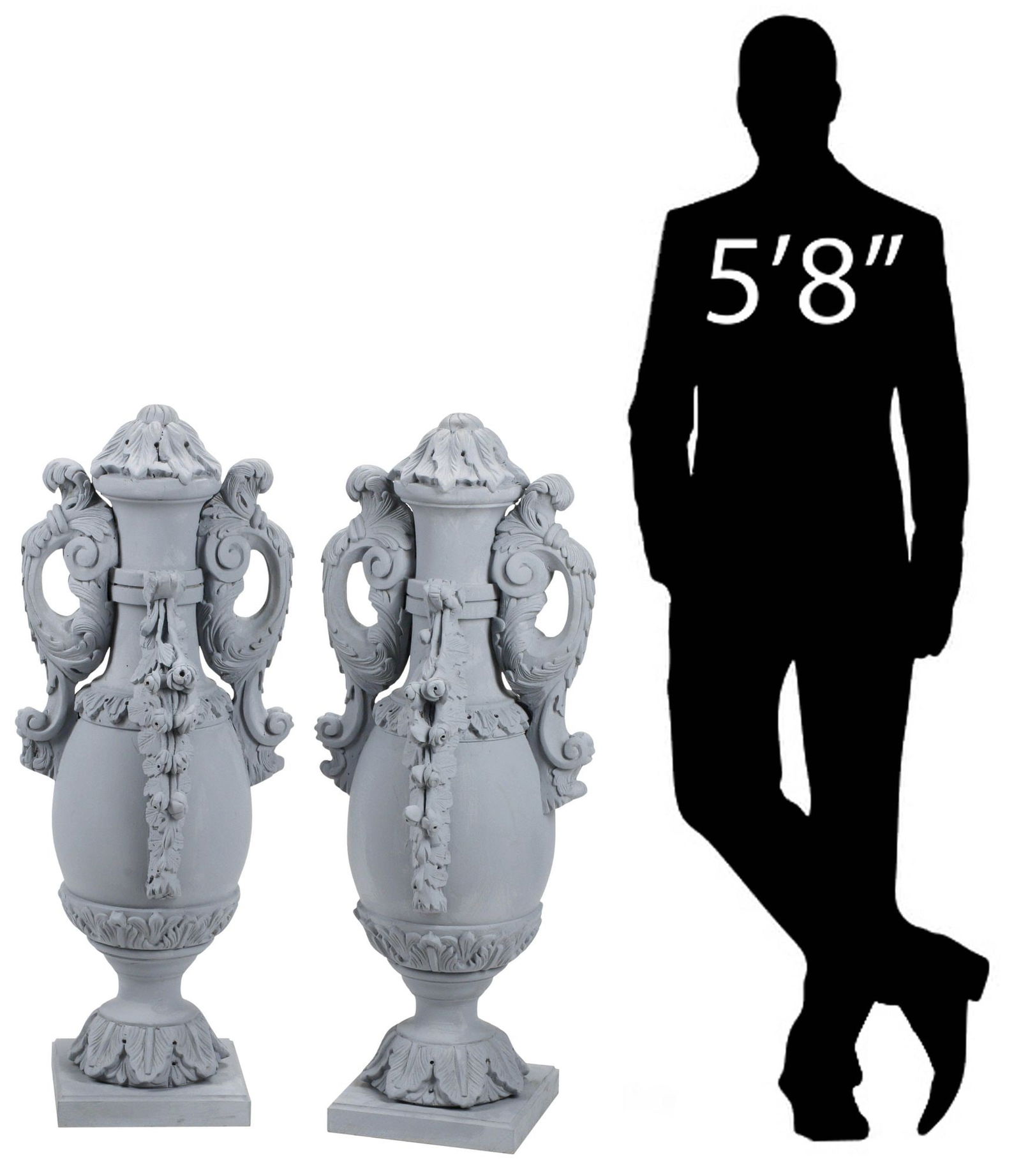 (2) NEOCLASSICAL STYLE GREY-PAINTED CARVED WOOD URNS, 40"H: (pair) Large Neoclassical style carved wood urns, each in a grey-painted finish, surmounted by acanthus leaf cover and dual scrolled handles, issuing draped floral swag, on integral square platform, a