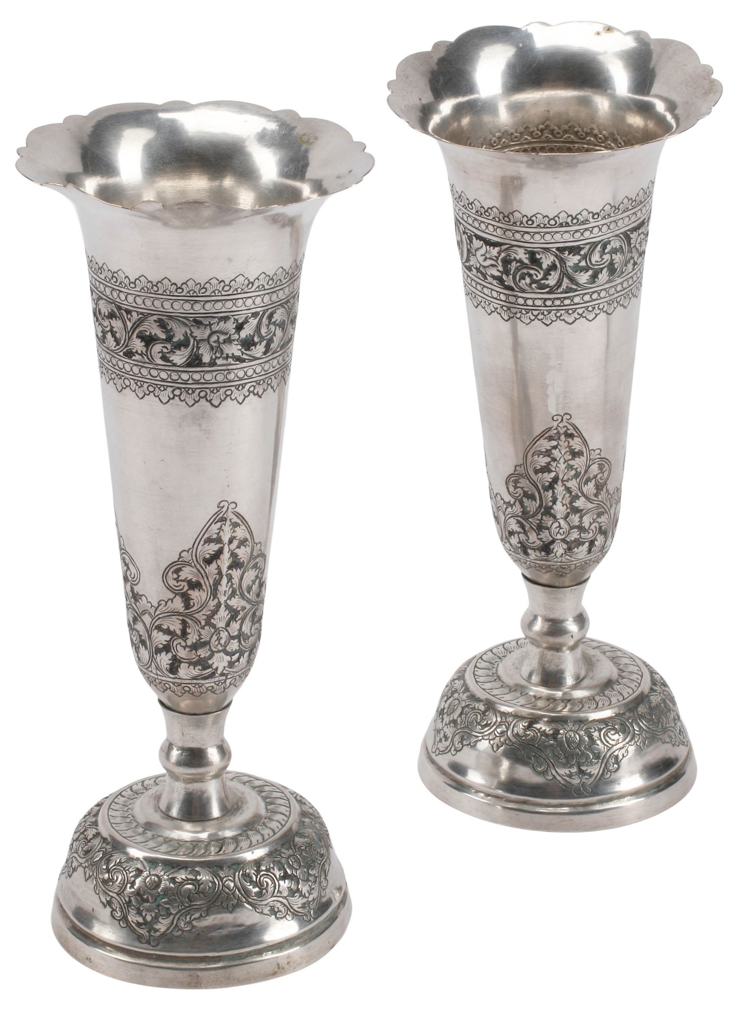 (2) CAMBODIAN SILVER-TONE METAL CHASED TRUMPET VASES (1 of 4)