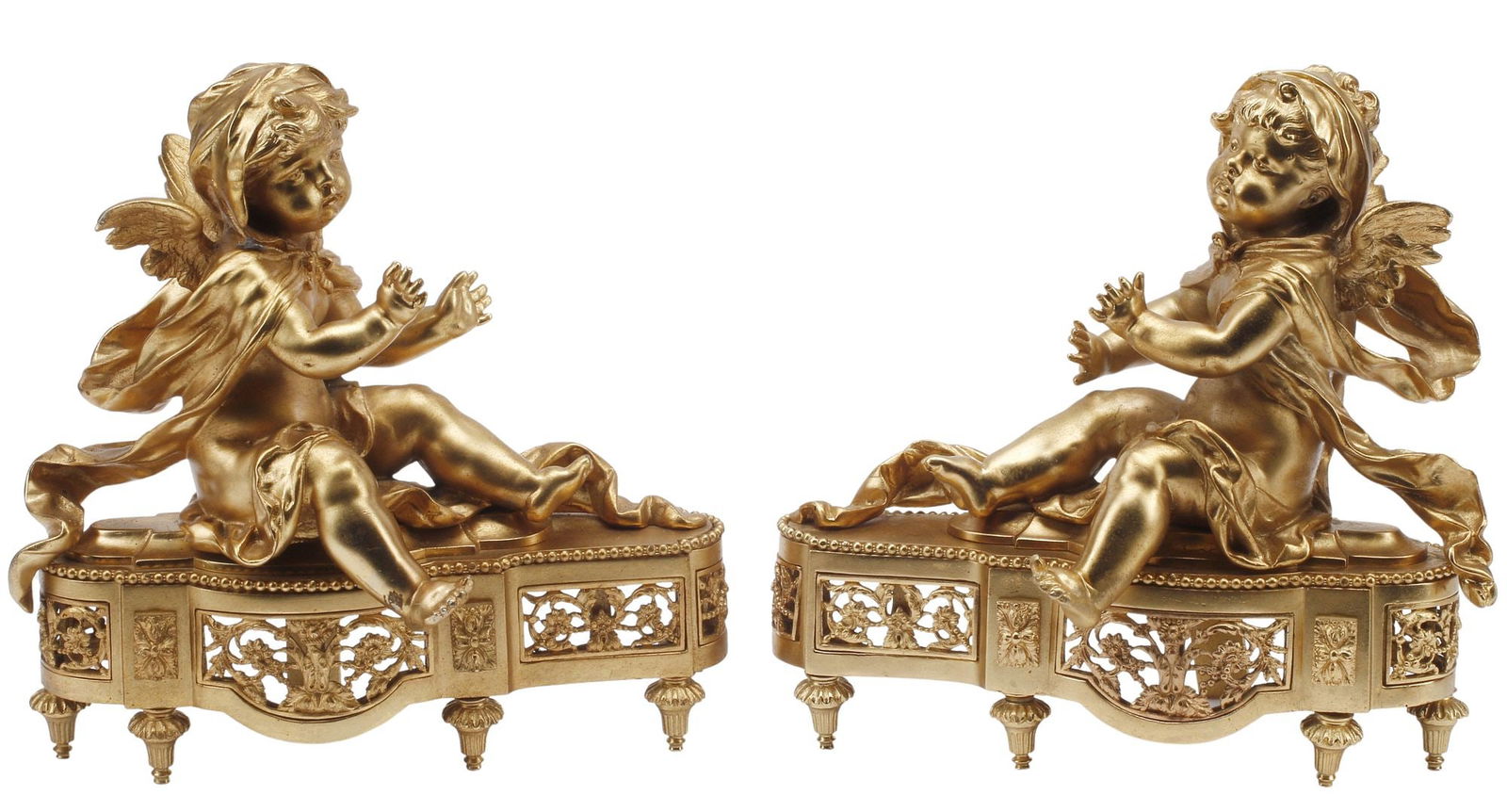 (2) LOUIS XVI STYLE ORMOLU FIGURAL CHERUB FIREPLACE CHENETS (1 of 4)