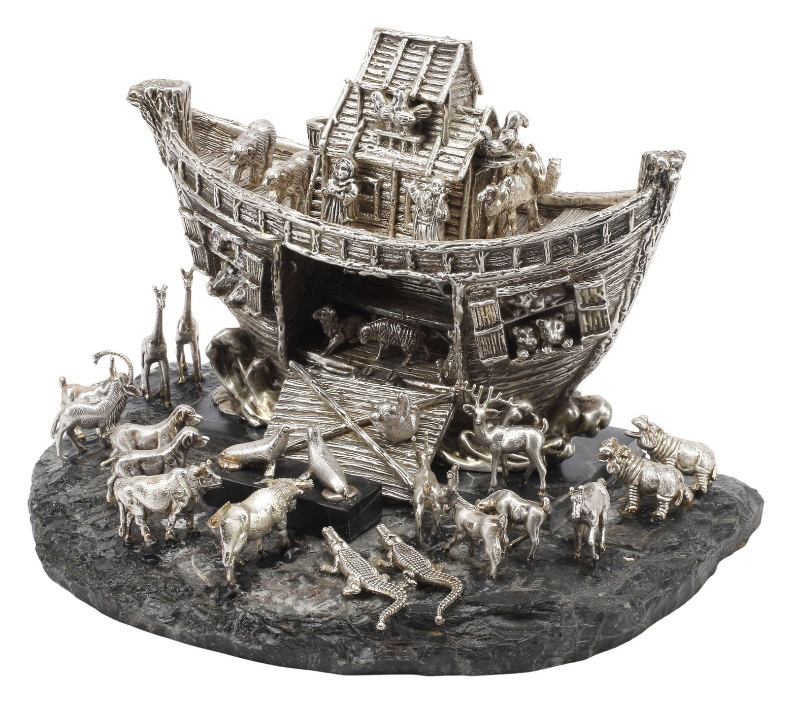 LARGE SILVERED MODEL OF NOAH'S ARK ON NATURALISTIC BASE (1 of 4)