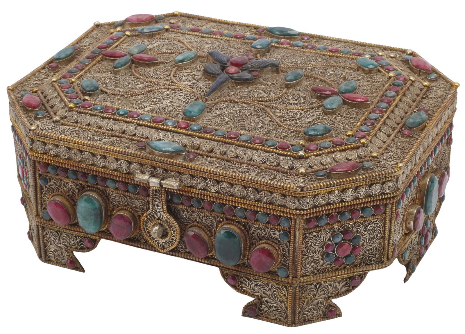 GEM-ENCRUSTED PARCEL-GILT & SILVERED FILIGREE TABLE BOX (1 of 5)