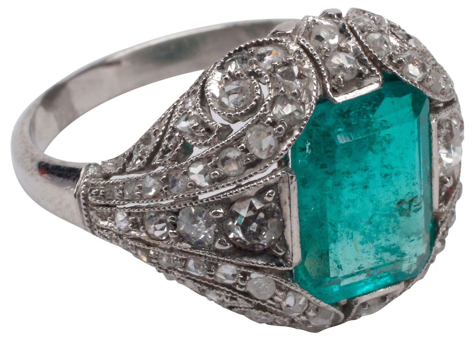 ESTATE ART DECO STYLE PLATINUM, 1.65 CT EMERALD & DIAMOND RING (1 of 5)