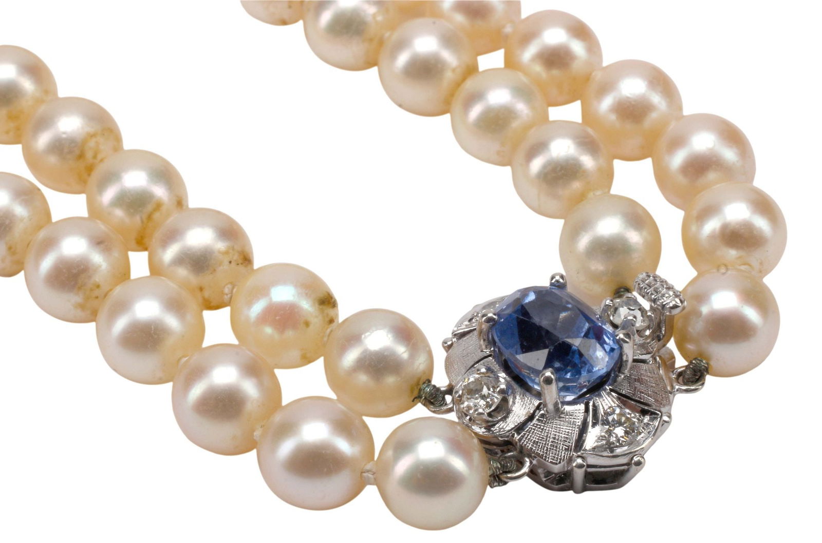 ESTATE DOUBLE STRAND PEARL NECKLACE & 14KT WG SAPPHIRE & DIAMOND CLASP (1 of 3)