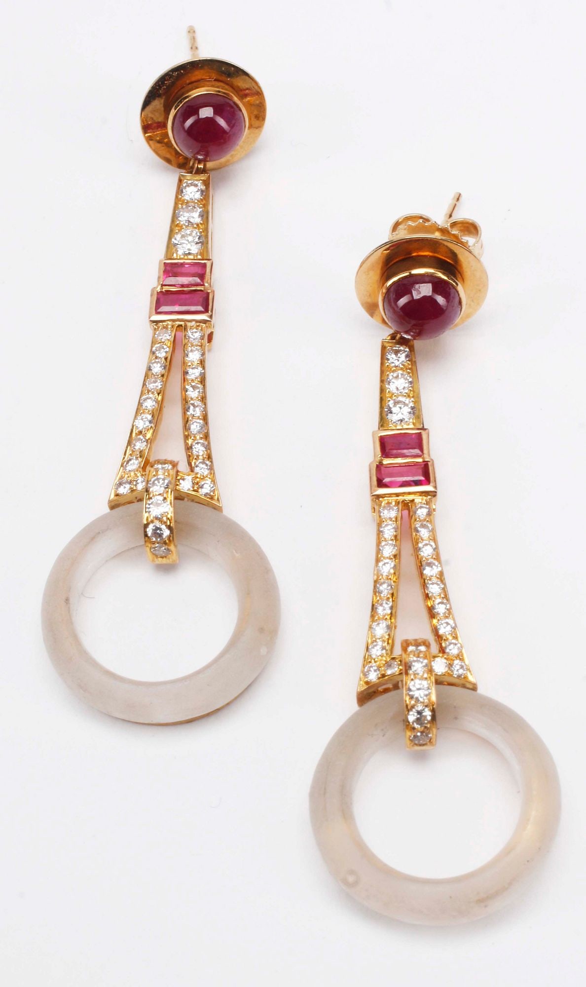 ESTATE ART DECO STYLE 18KT YELLOW GOLD, RUBY & DIAMOND DROP EARRINGS (1 of 4)