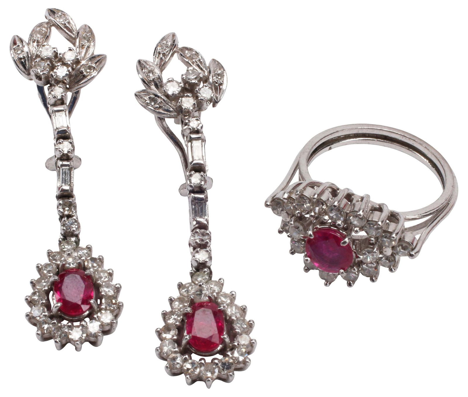 (2) ESTATE PLATINUM, DIAMOND & RUBY JEWELRY SUITE, PENDANT EARRINGS & RING (1 of 7)