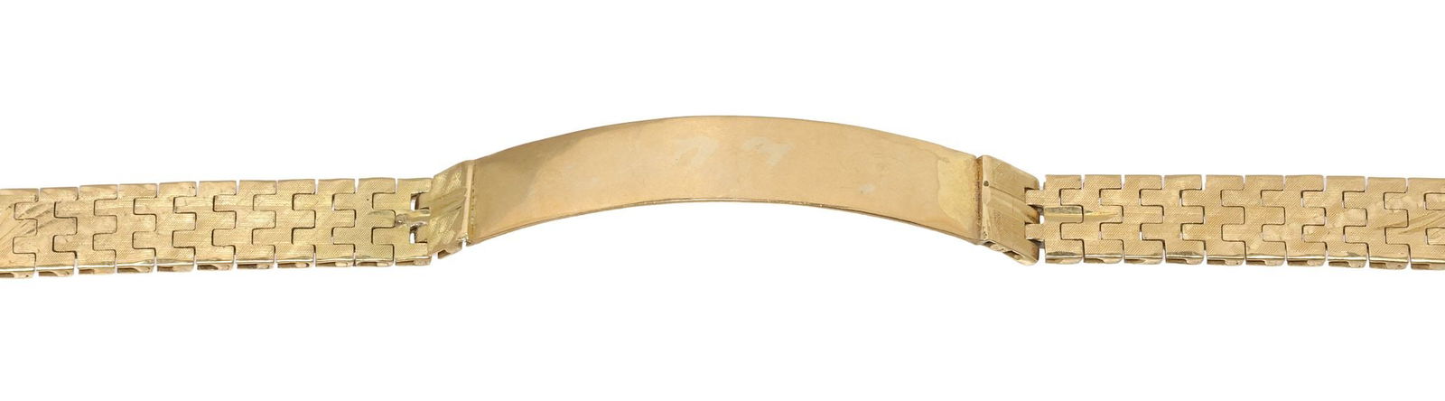 ESTATE 18KT YELLOW GOLD ENGRAVED ID BRACELET, MEXICO: Estate 18kt yellow gold ID bracelet, a central open bar, on smooth articulated links, with a flourish engraved to each side, fold-over clasp, marked Hecho en Mexico, stylized diamond mark, 18K, 6"l, 1