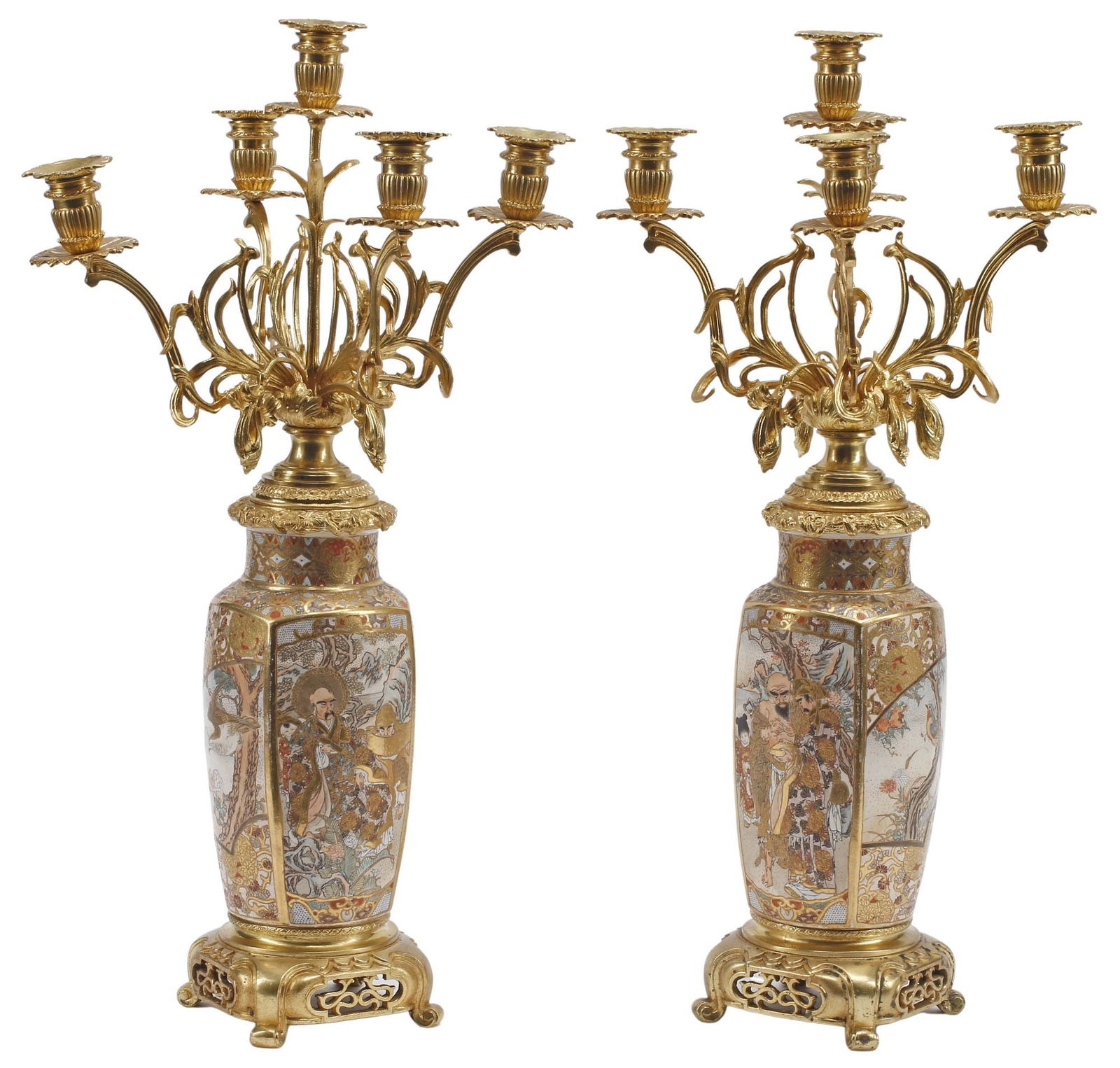 (2) JAPANESE SATSUMA STYLE ORMOLU-MOUNTED VASES NOW AS 5-LT CANDELABRA (1 of 4)