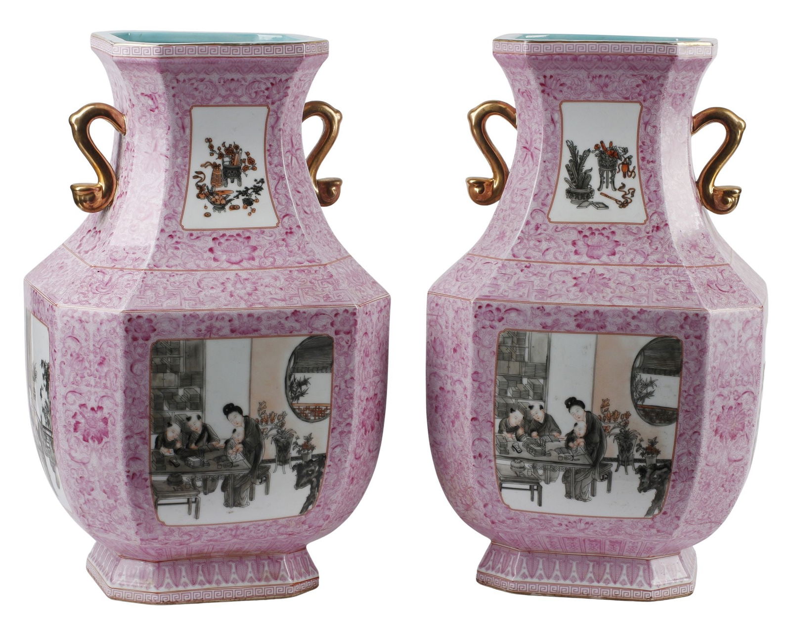 (2) CHINESE PARCEL-GILT POLYCHROME OCTAGONAL PORCELAIN VASES (1 of 6)