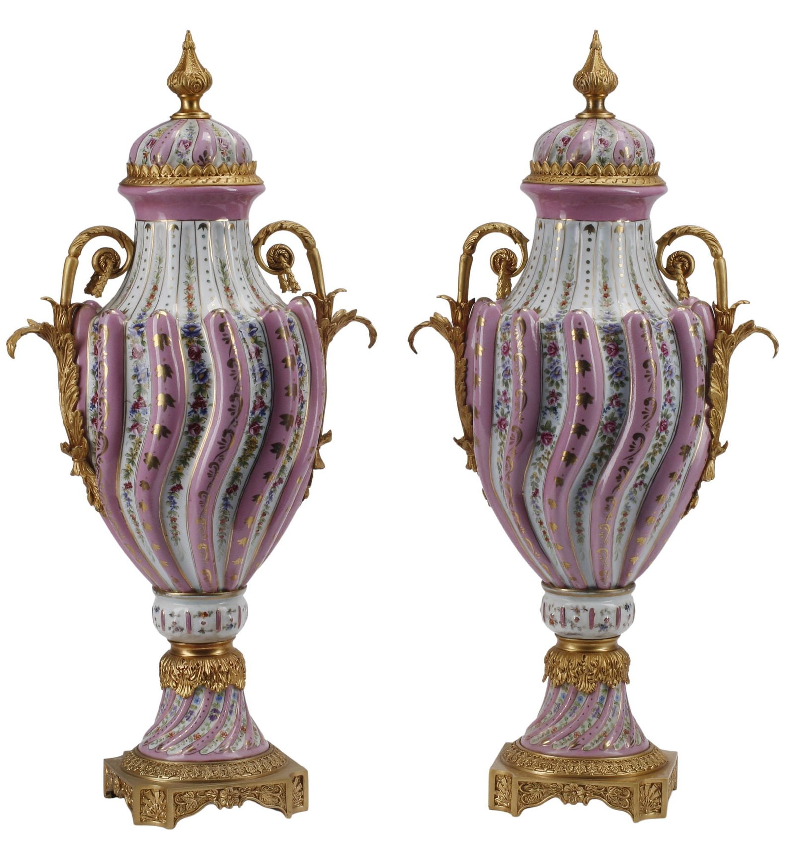 (2) SEVRES STYLE ORMOLU-MOUNTED & PAINTED COVERED URNS (1 of 6)