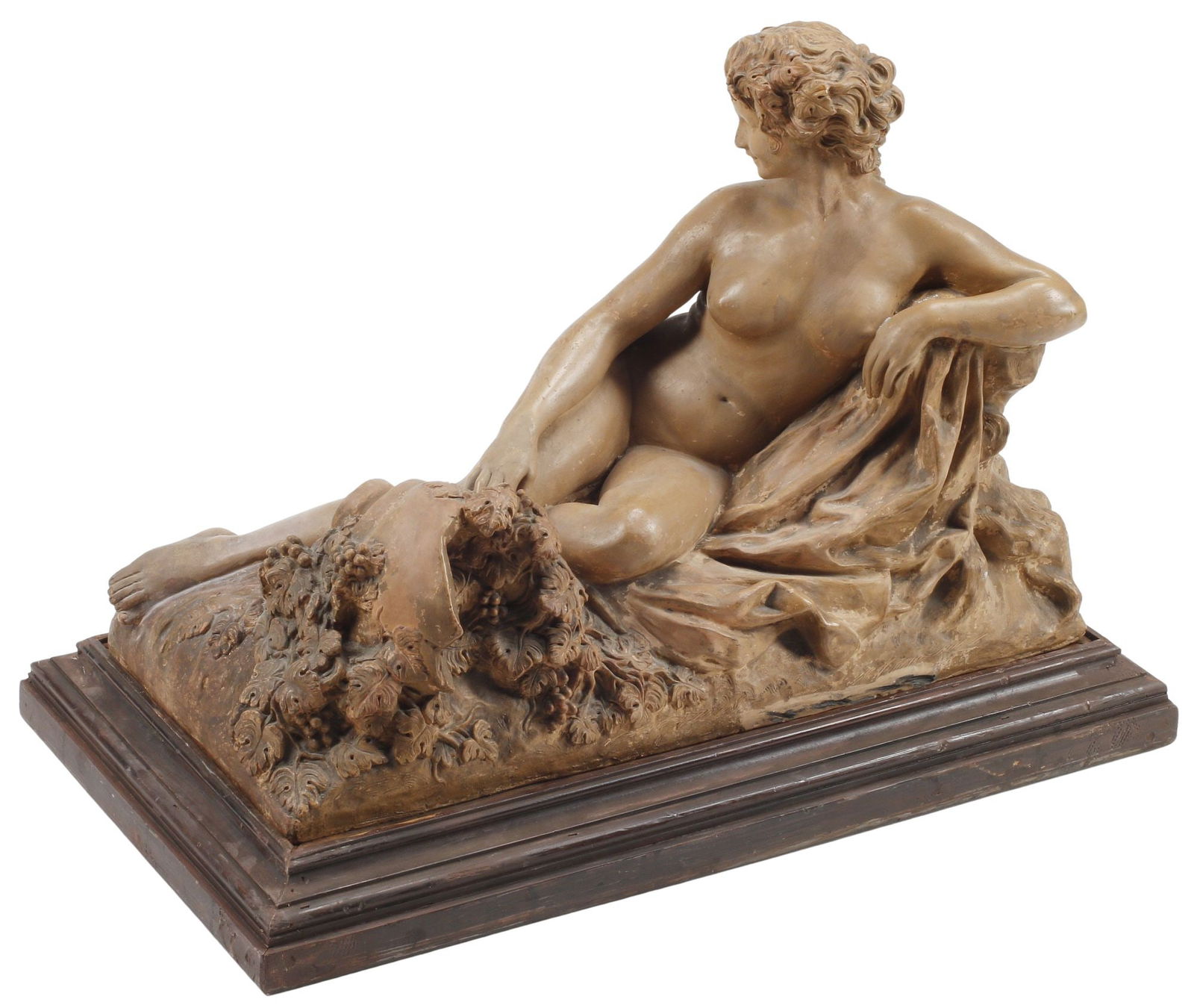 PAUL LOUIS HOURY (FRENCH, 19TH C.) TERRACOTTA SCULPTURE, FEMALE NUDE: Large terracotta sculpture, Reclining Female Nude, signed at base P. Houry (Paul Louis Houry, French, 19th c.), dated 1913, on stepped wood base, overall: approx 21"h, 29.5"w, 16"d, 31.25lbs