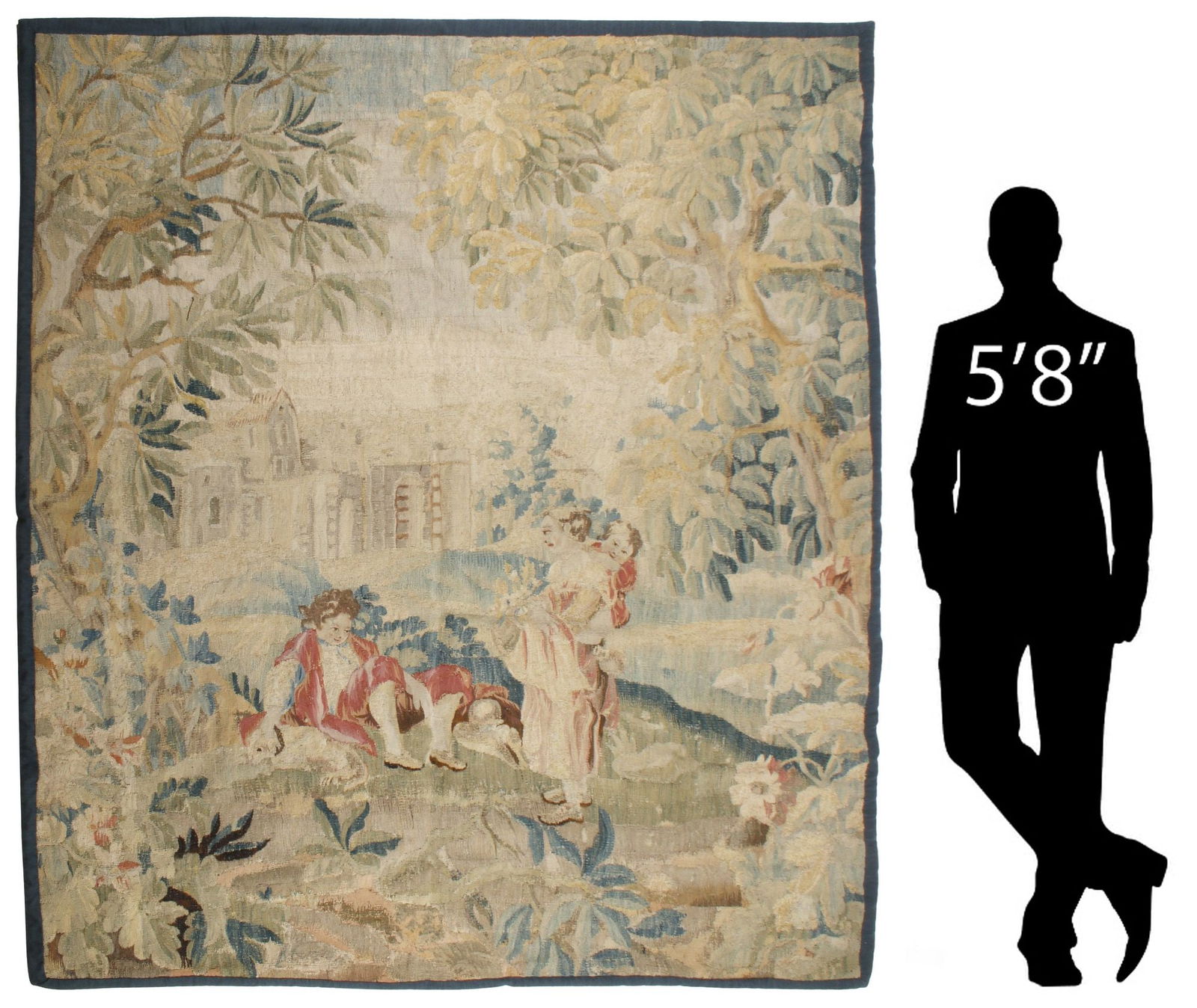 LARGE FLEMISH WOVEN TAPESTRY, FIGURES IN VERDANT LANDSCAPE (1 of 6)
