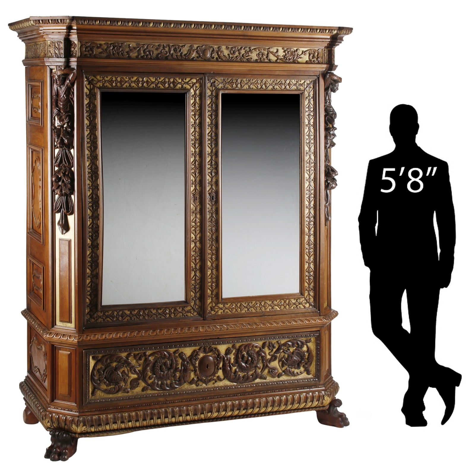 FRENCH RENAISSANCE STYLE PARCEL-GILT CARVED & MIRRORED ARMOIRE, 96"H (1 of 13)