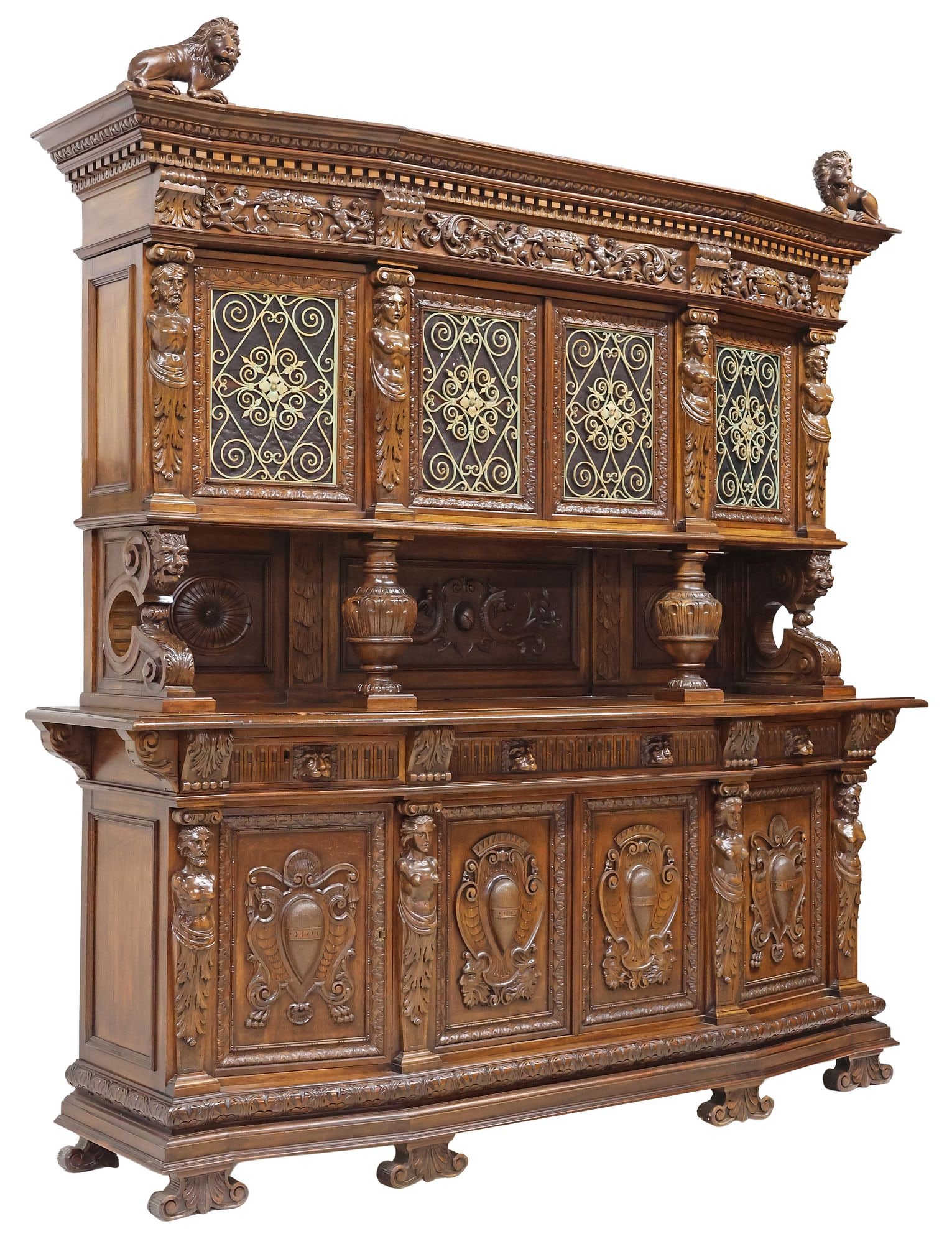 ITALIAN RENAISSANCE REVIVAL CARVED WALNUT & WROUGHT IRON SIDEBOARD (1 of 9)