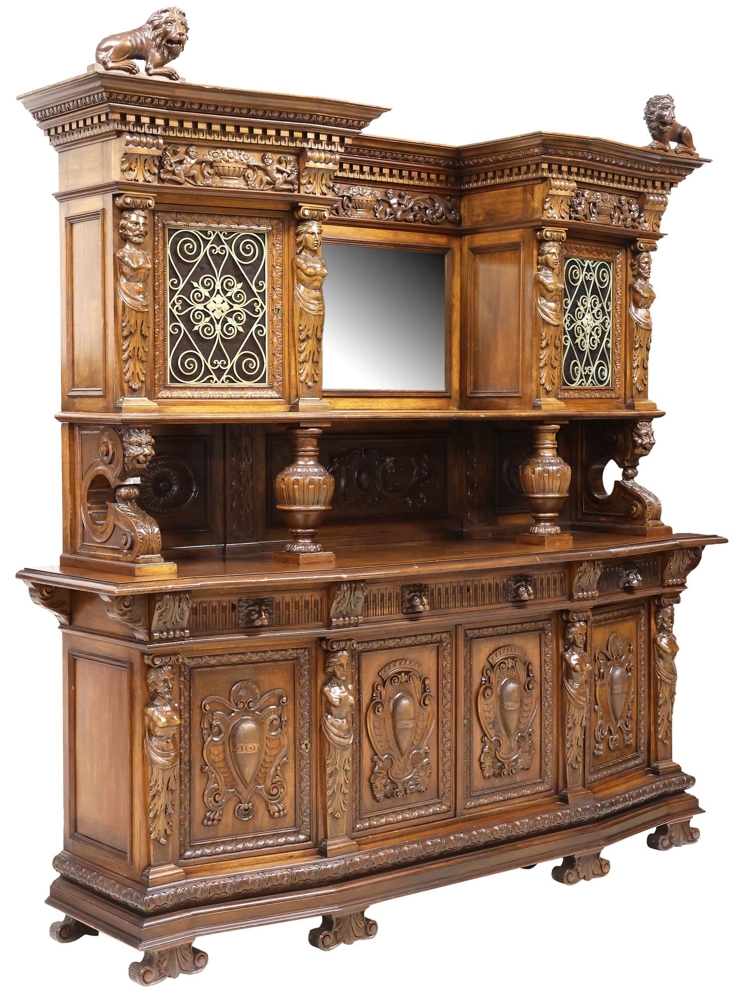 ITALIAN RENAISSANCE REVIVAL CARVED WALNUT MIRRORED SIDEBOARD (1 of 9)