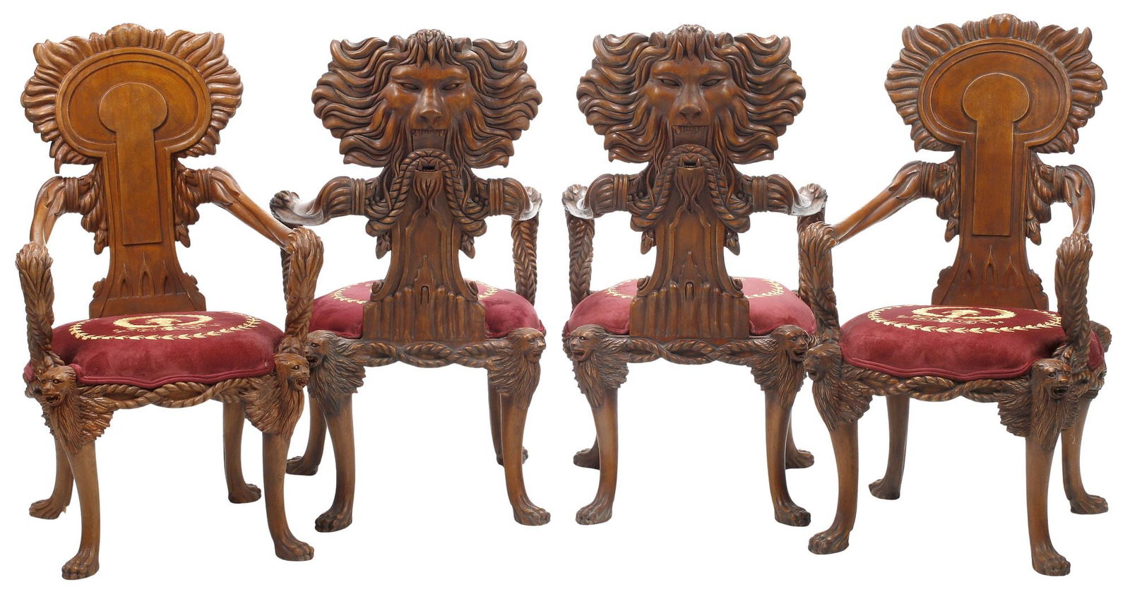 (4) RENAISSANCE REVIVAL STYLE CARVED WALNUT LION MOTIF ARMCHAIRS (1 of 7)