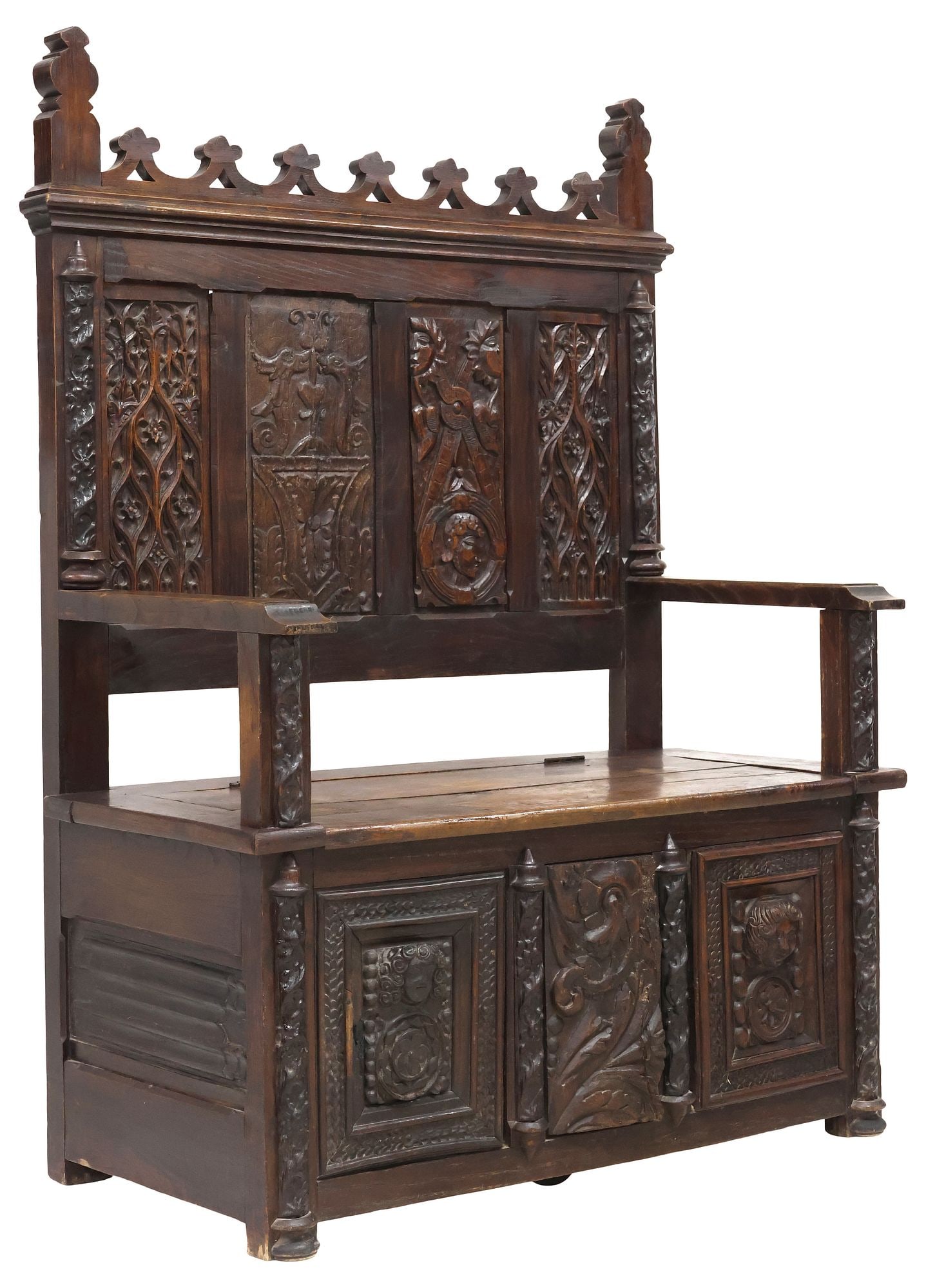FRENCH GOTHIC REVIVAL HIGHLY CARVED OAK HALL BENCH / STORAGE CHEST (1 of 7)
